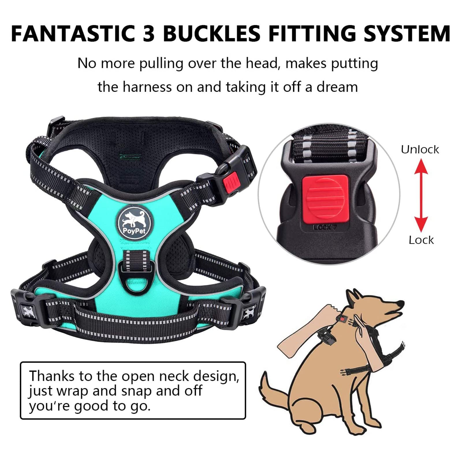 Poypet Dog Harness No Pull, Reflective Adjustable No Choke Pet Vest With Front & Back Clips, Soft Padded And Control Training Handle For Large Dogs(Mint Blue,Xl)