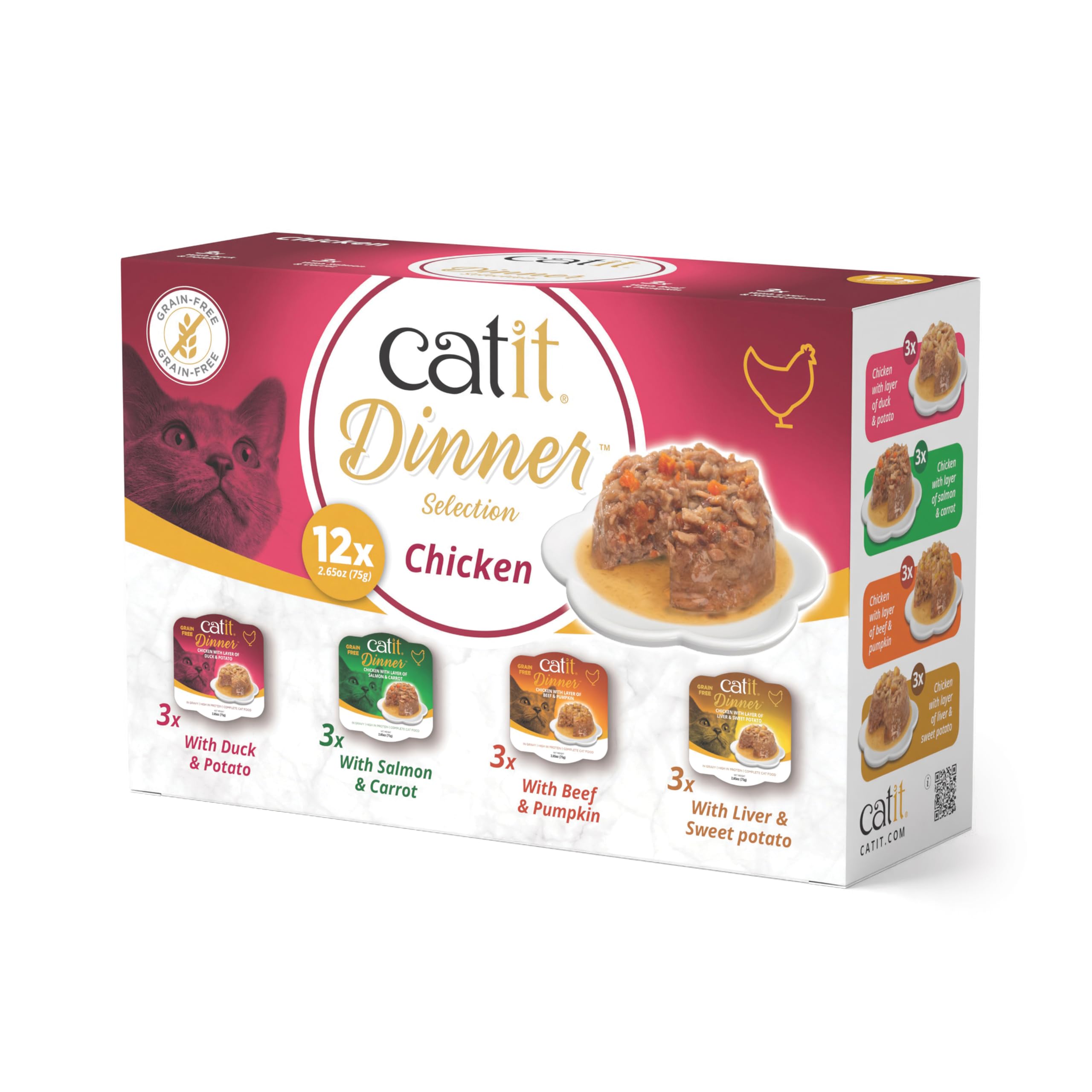 Catit Dinner Chicken Multipack Wet Cat Food, 12 Pack - High Protein, Grain Free, with Taurine, Vitamins & Vegetables and Pumpkin