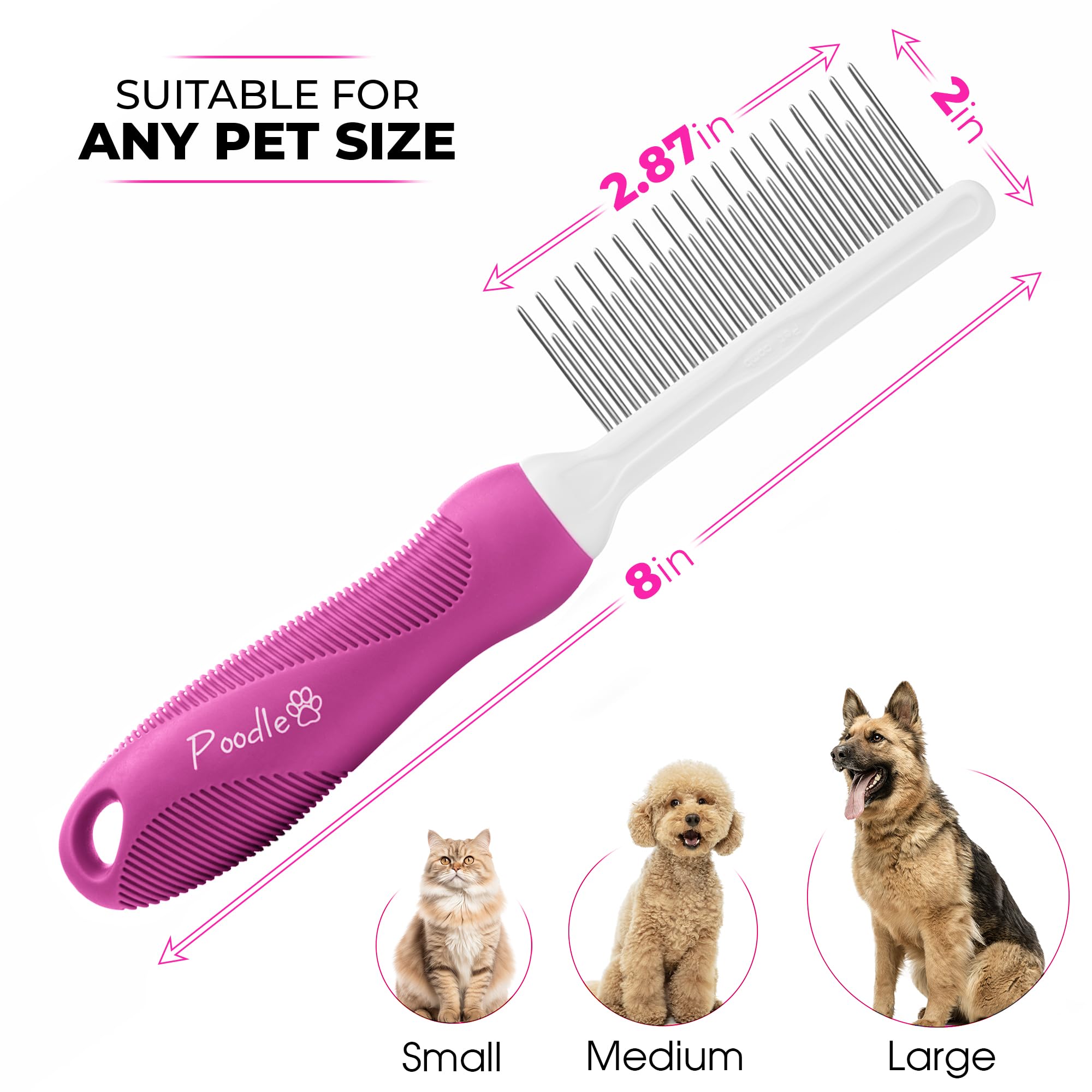 Poodle Pet Detangling Pet Comb With Long & Short Stainless Steel Teeth For Removing Matted Fur, Knots & Tangles ?Detangler Tool Accessories For Safe & Gentle Diy Dog & Cat Grooming (Pink)