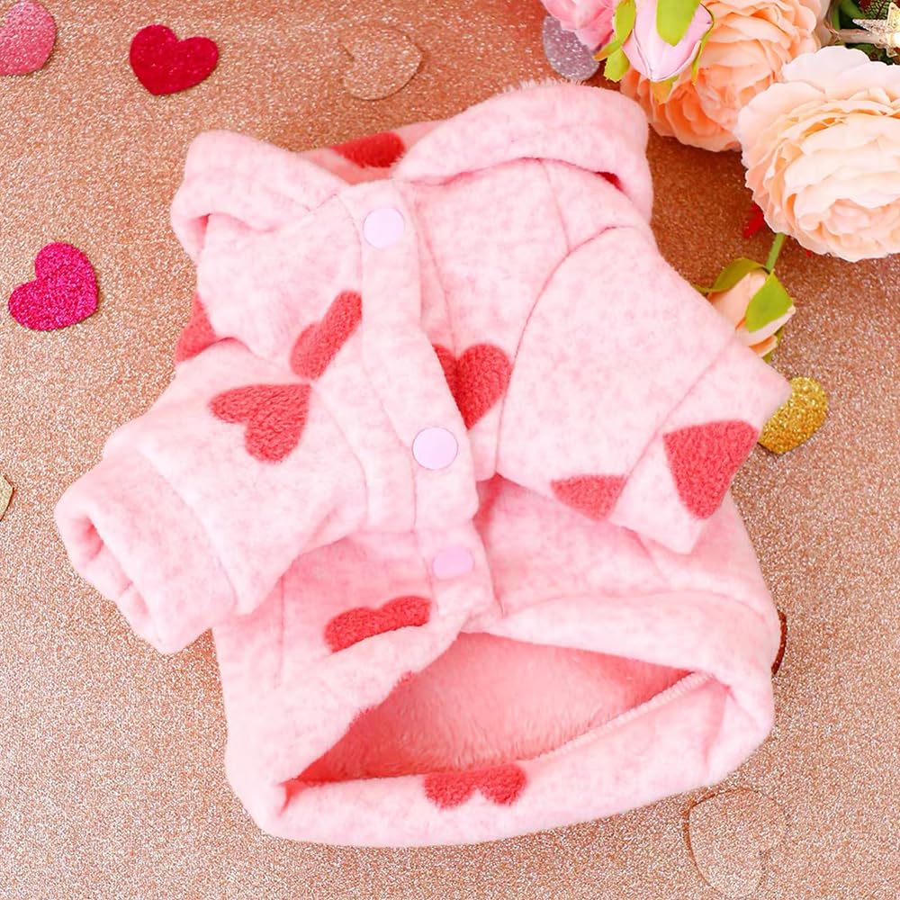 Aniac Pink Dog Hoodies For Small Dog Valentines Day Puppy Clothes With Leash Ring Cute Heart Pattern Cat Sweater Hooded Pet Swea