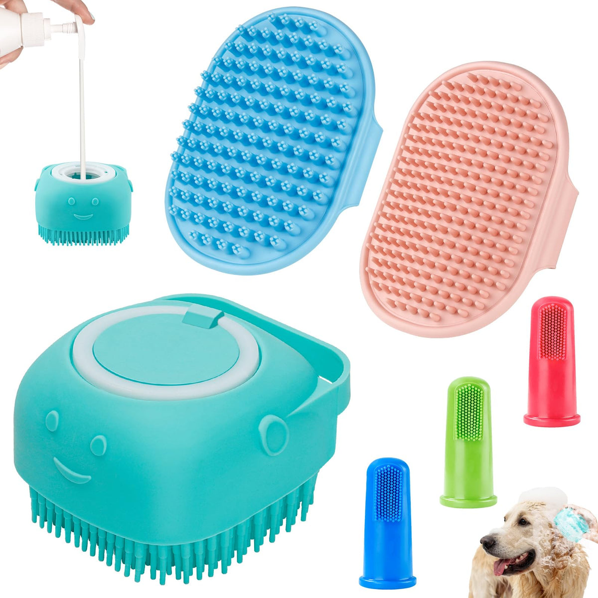 Comotech 3Pcs Dog Bath Brush | Dog Shampoo Brush | Dog Scrubber For Bath | Dog Bath Brush Scrubber | Dog Shower/Washing Brush With Adjustable Ring Handle For Short & Long Hair (Blue Red Blue)