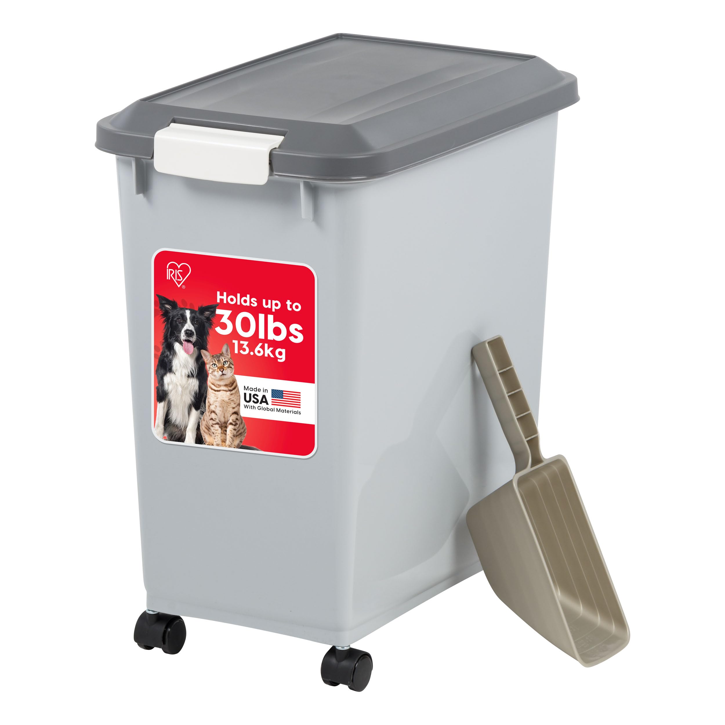 IRIS USA Dog Food Storage Container with Wheels, Airtight Lid, 2-Cup Scoop, Up to 40 Pounds Pet Food Storage, Built in Scoop Sto