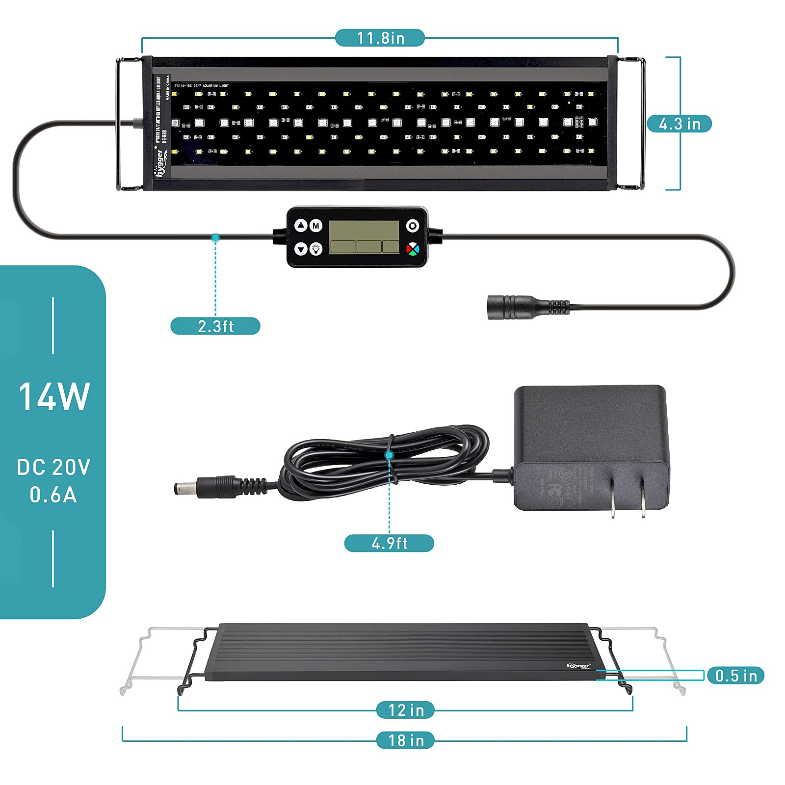 hygger Auto On Off LED Aquarium Light, Full Spectrum with LCD Monitor, 24/7 Cycle, 7 Colors, IP68 Waterproof for 12-18 Tanks