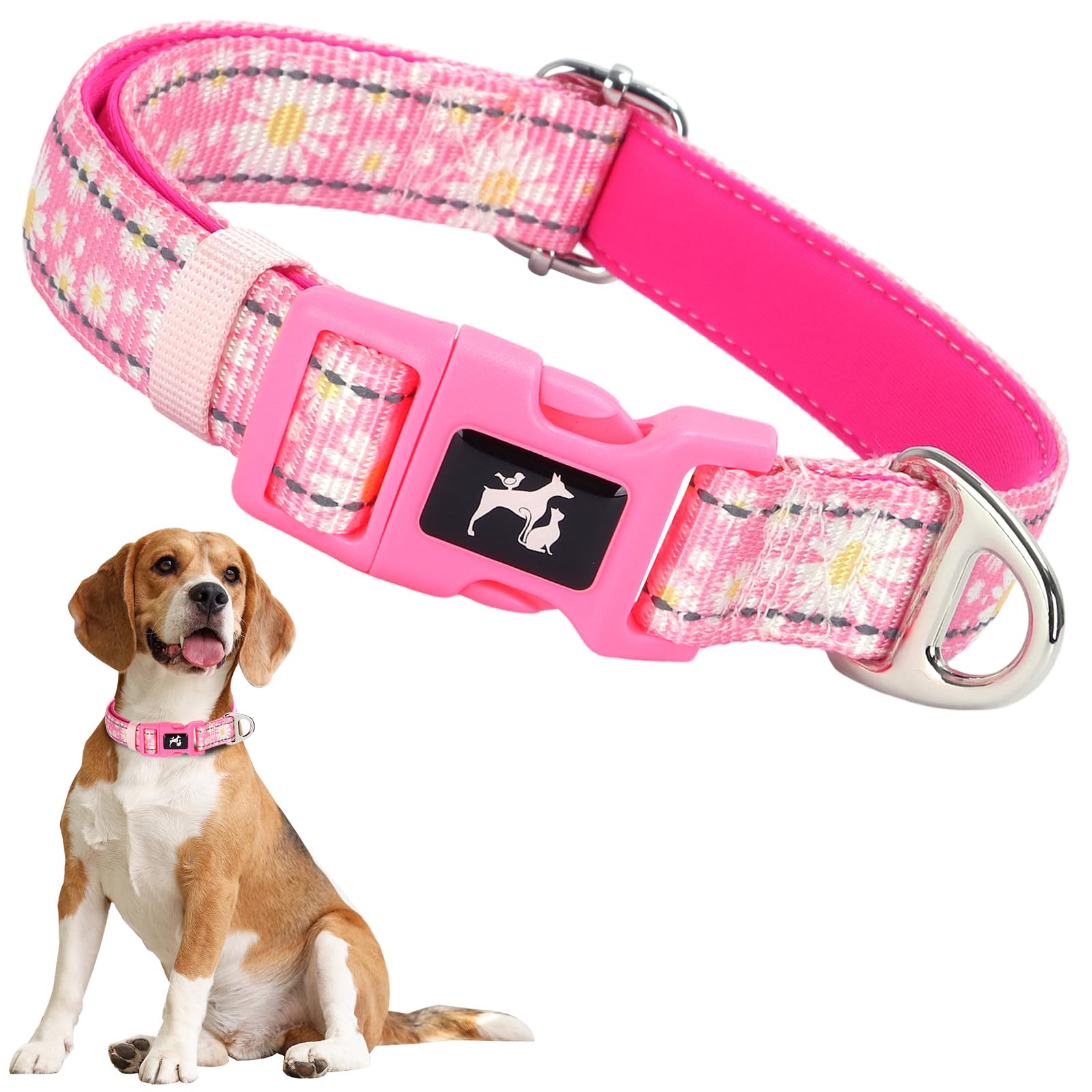 Onefojojo Dog Collar For Medium Dogs,Reflective Pink Daisy Dog Collar For Female Girl Dogs (Daisy M