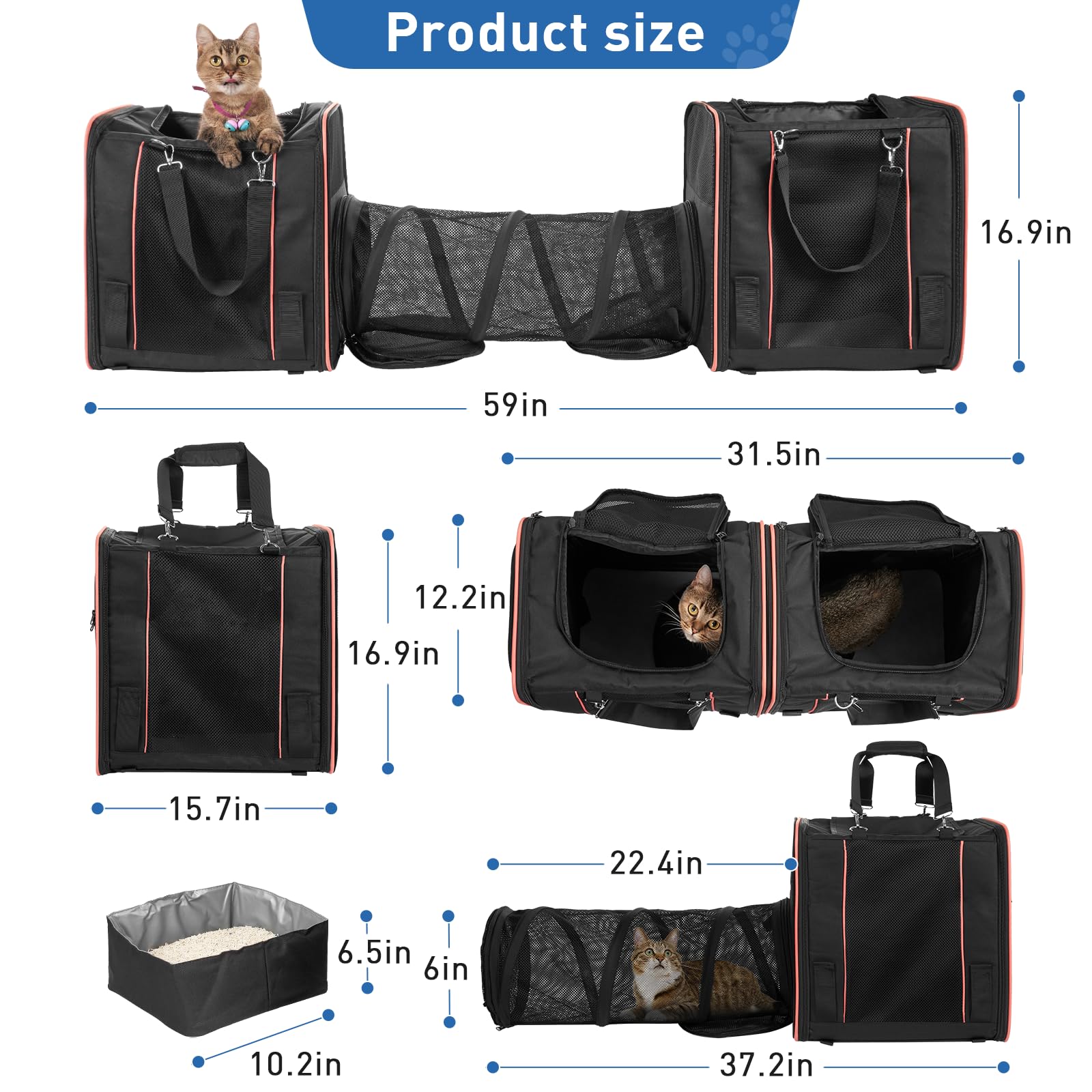 Extra Large Cat Carrier With Litter Box For 2 Cats, Sofe Sided Cat Carrier With Tunnel, Portable Cat Travel Carrier For Cats Sma