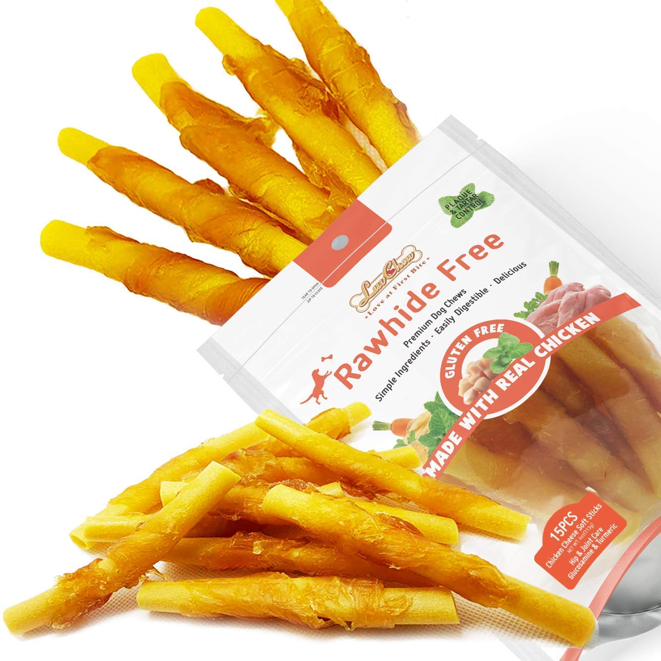 LuvChew Chicken Wrapped Dog Bone Treat Sticks with Glucosamine & Turmeric, Easy to Digest, Non-Rawhide Soft Chicken Cheese Dog C