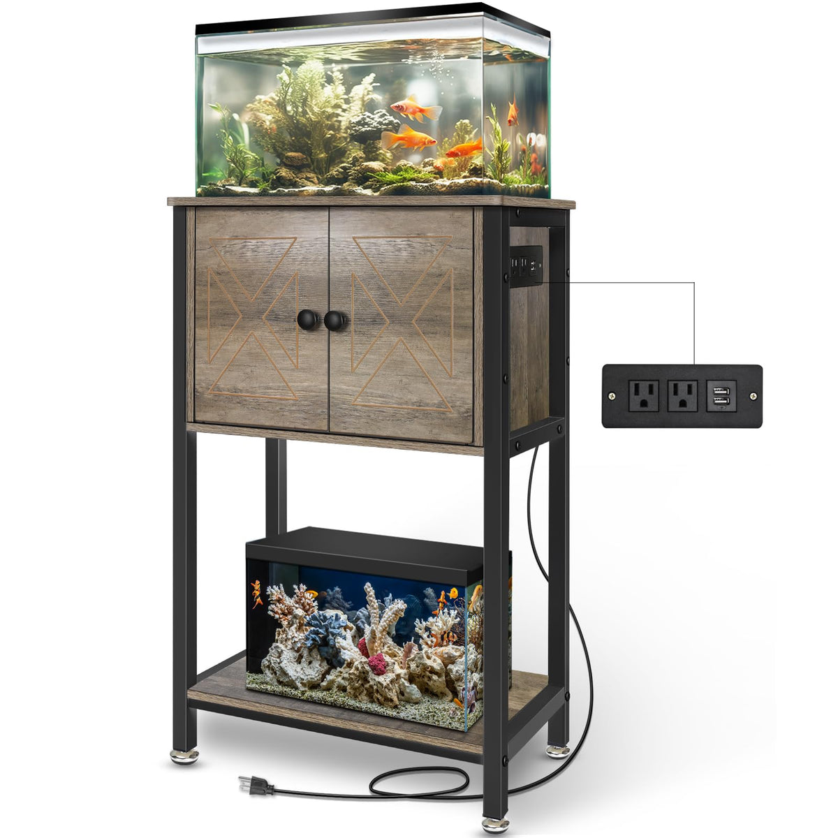 5-10 Gallon Fish Tank Stand, Heavy Duty Aquarium Stand With Cabinet & Power Outlets For Fish Tank Accessories Storage, Double Ta