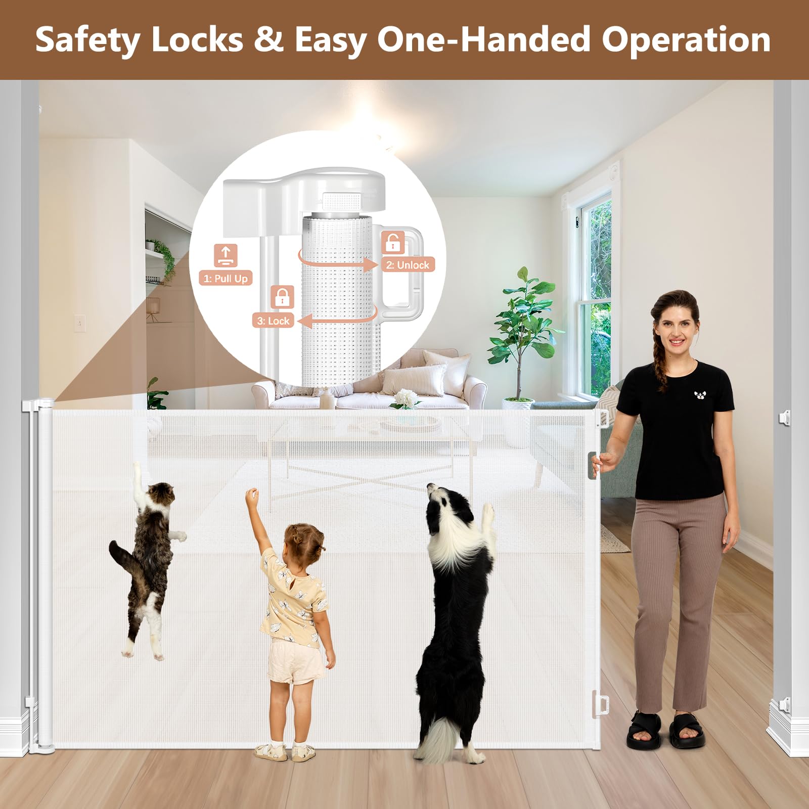 48 Inch Extra Tall Pet Gate 120'' Extra Long Retractable Baby Gate - No Jumping Over, Indoor Tall Retractable Dog Gate Outdoor E