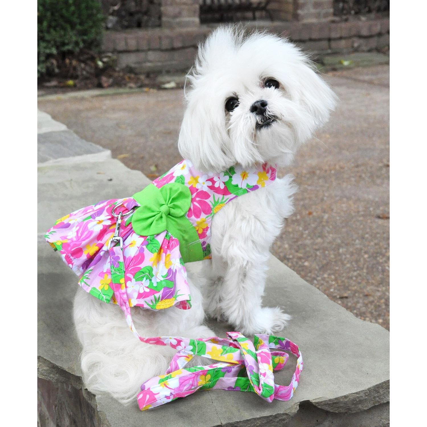 Doggie Design Pink Hawaiian Floral Dog Harness Dress With Matching Leash (X-Small)