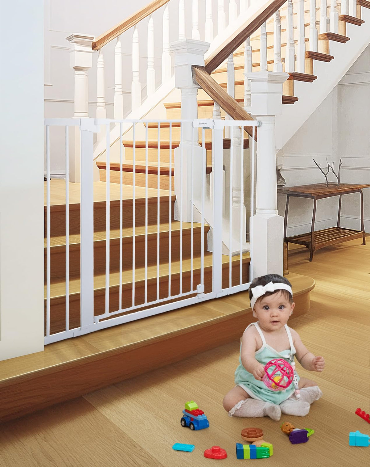 Comomy 36' Extra Tall Baby Gate For Stairs Doorways, Fits Openings 29.5' To 46' Wide, Auto Close Extra Wide Dog Gate For House, Pressure Mounted Easy Walk Through Pet Gate With Door, White