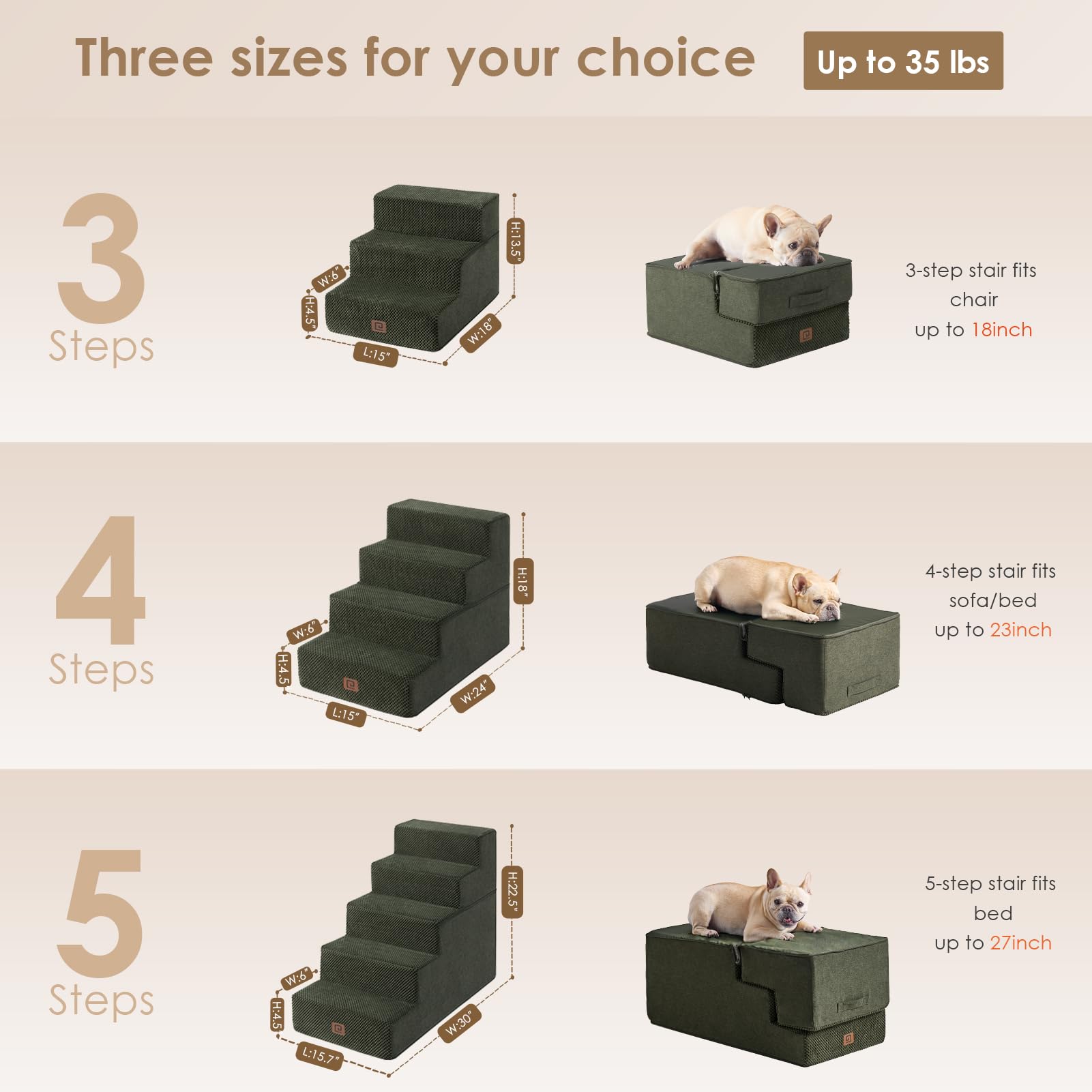 Eheyciga Dog Stairs For Bed 18”H, 4-Step Dog Steps For High Bed, Pet Steps For Small Dogs And Cats, Non-Slip Balanced Dog Indoor Ramp, Olive Green