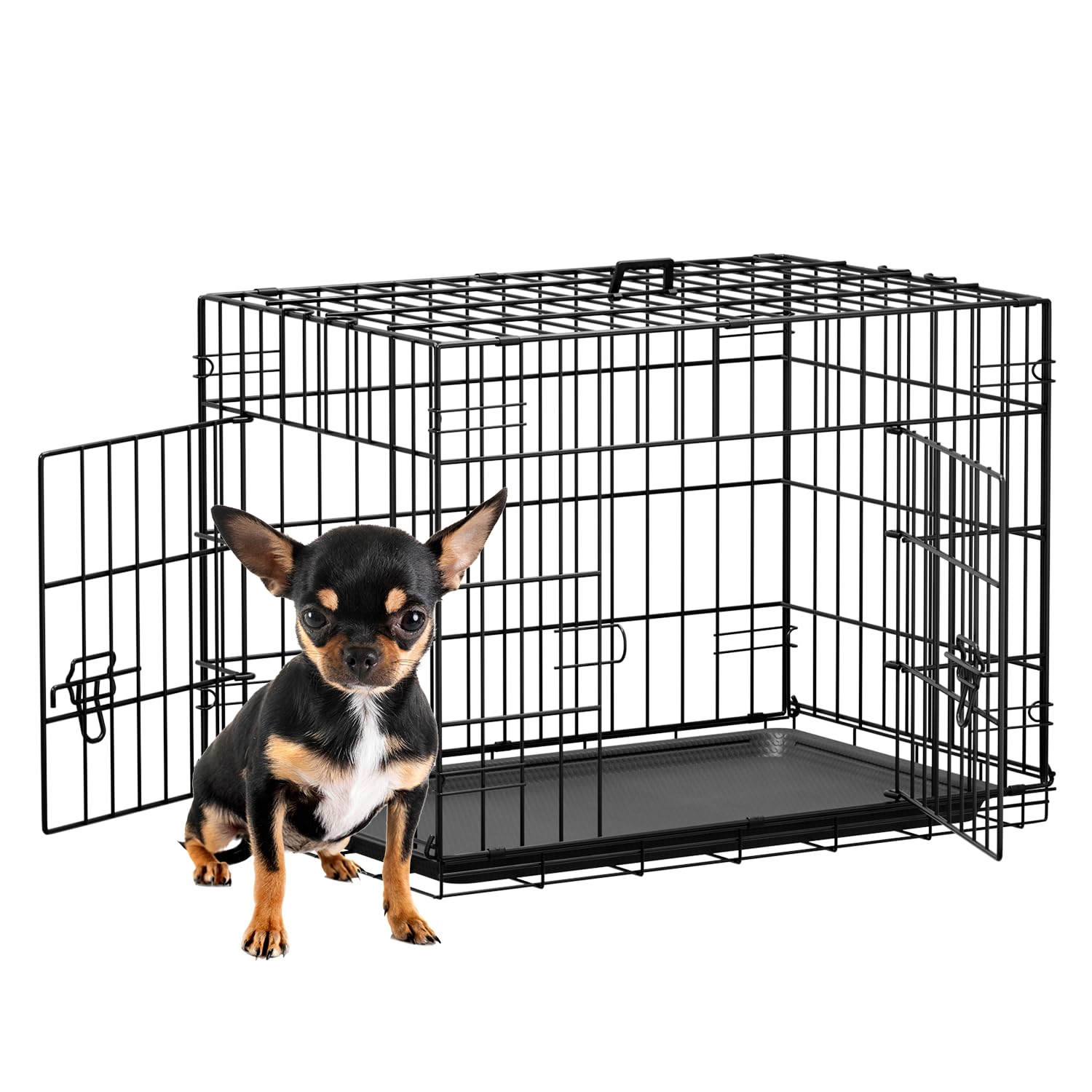 FDW 24inch Dog Crate Pet Cage with Metal Folding Design Plastic Tray Indoor Outdoor Dog Kennel Cage for Small Dogs,Black