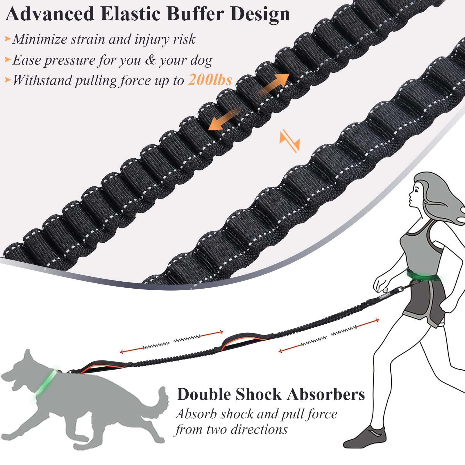 Vivaglory Hands Free Dog Leash With Dual Advanced Anti-Shock Bungees And Padded Handles, Reflective Waist Running Leash With Adjustable Belt For Training Jogging For Medium Large Dogs, Black/Orange