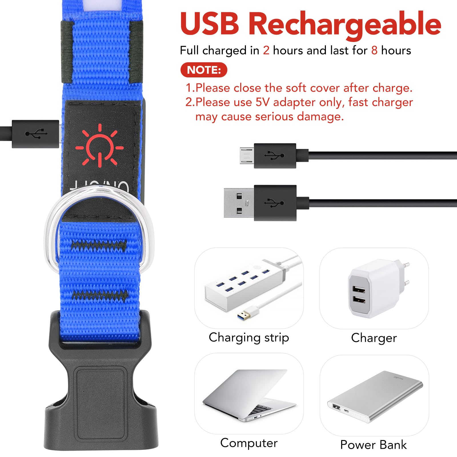VIZPET LED Dog Collar - Adjustable, USB Rechargeable, Super Bright, Medium 14.96-19.68 inch, Blue, Thermoplastic Polyurethane Material