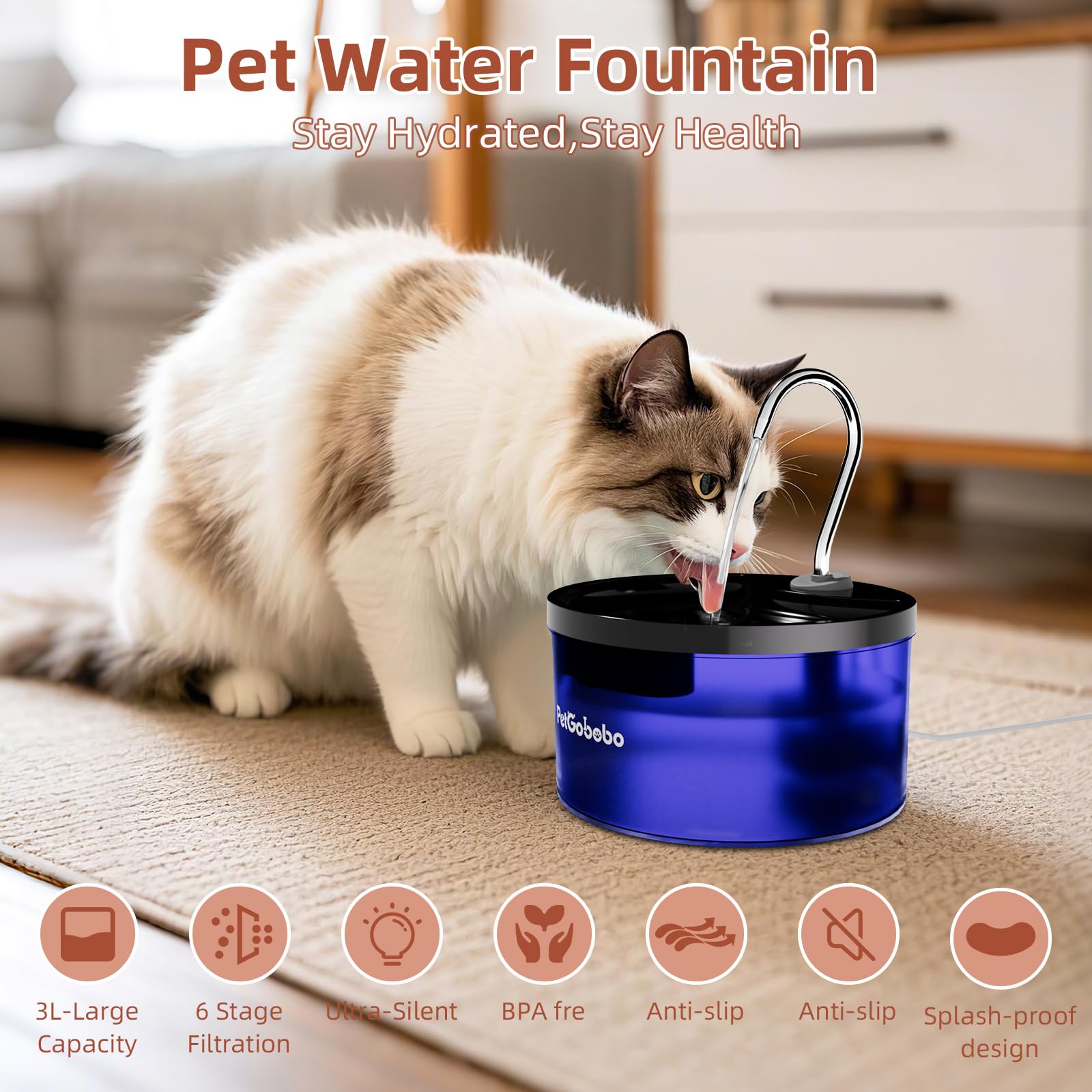 Cat Water Fountain, 100 Oz/3 Liter Pet Fountain, Cat Fountain With Low Water Alert Light, Ultra Silent Cat Fountain, Bpa Free, E