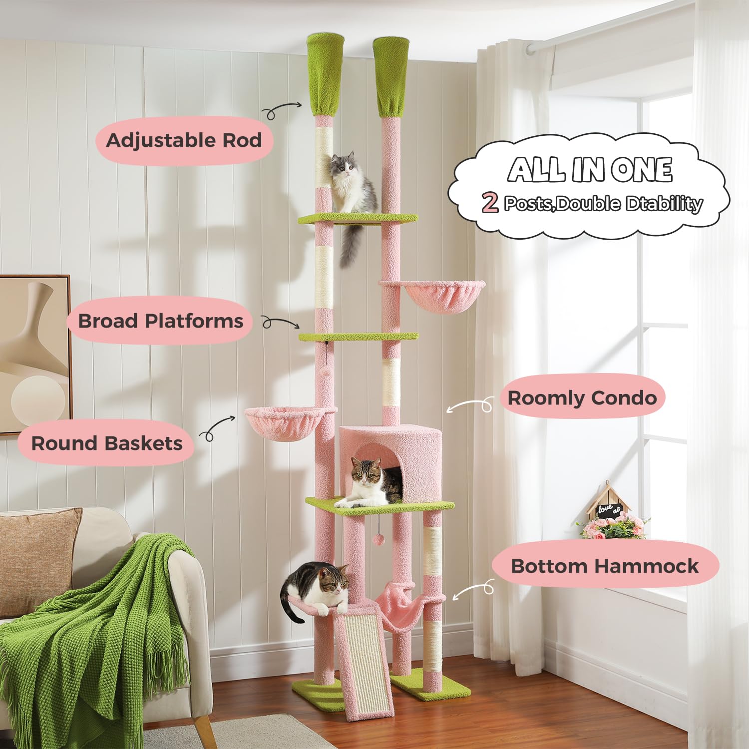 Pawz Road Pink Cat Tree, Floor To Ceiling Cat Tower With Adjustable Height(85-112 Inches), 7 Tiers Climbing Activity Center With
