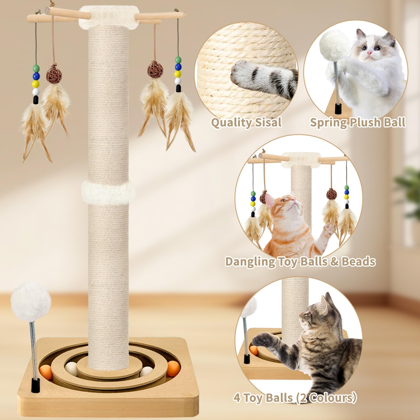 Tall Cat Scratching Post, 33 Inches, Sisal, Interactive Furniture Toys For Indoor Cats Adults, 2 Mounting Methods Large Scratche