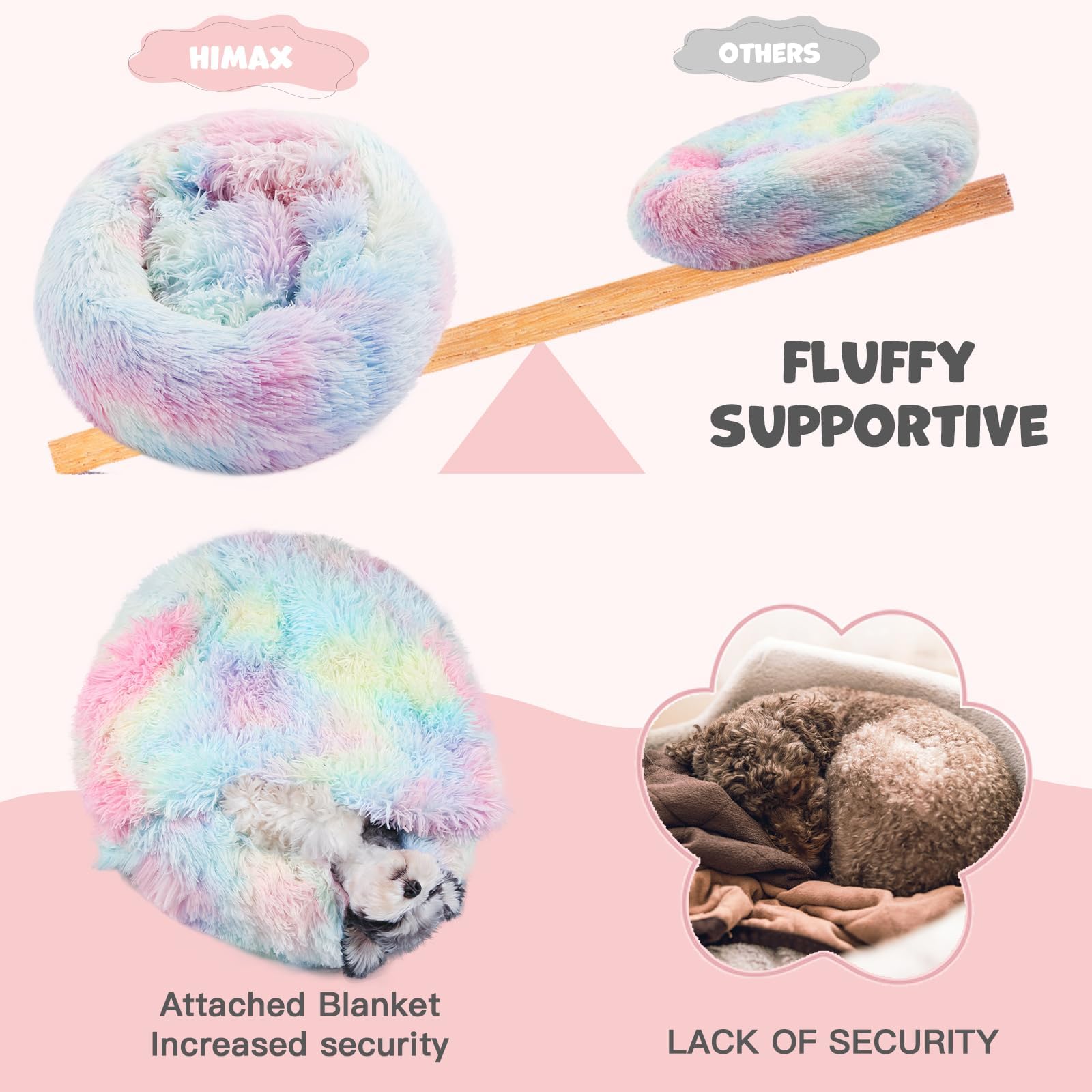 Himax Medium Dog Bed Washable, Round Dogs Beds With Blanket Attached, Calming Dog Bed, Multi-Colored (20''/26''/35'')