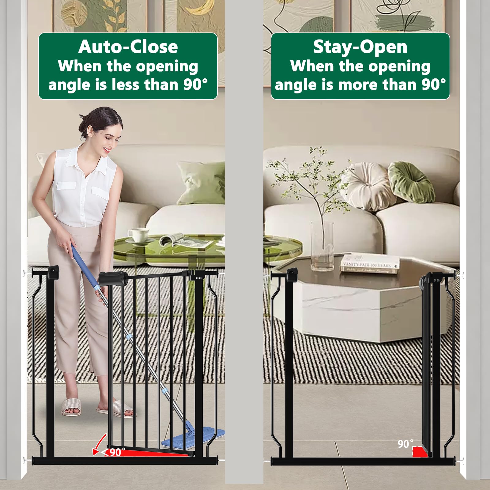Extra Wide Baby Gate Black 48-53 Inch Wide, Walk Through Pressure Mounted No Drill, Long And Large Tension Gate For Pet And Kids