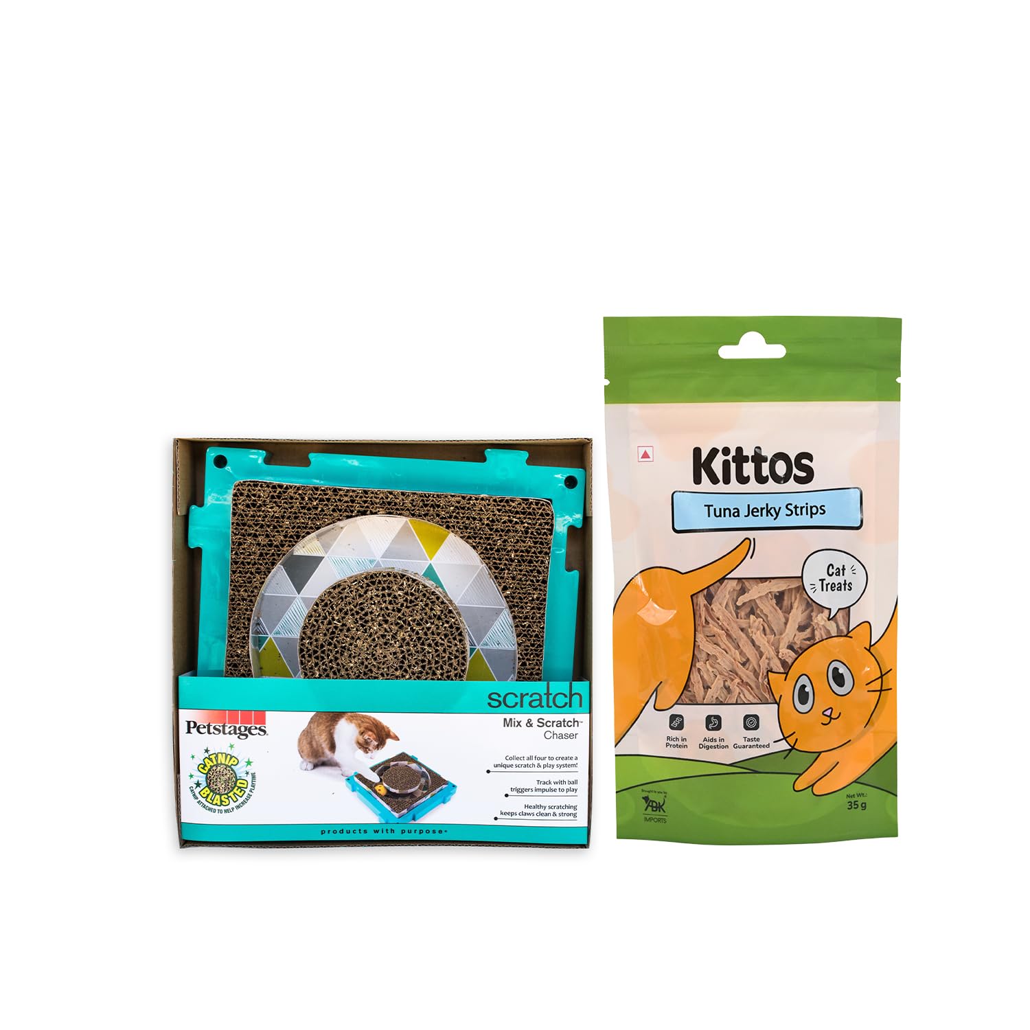 Kittos Interactive Cat Scratcher And Treat Combo, Ball Chaser Scratcher Play Station 26X26X7Cm With Tuna Jerky Strips 35G