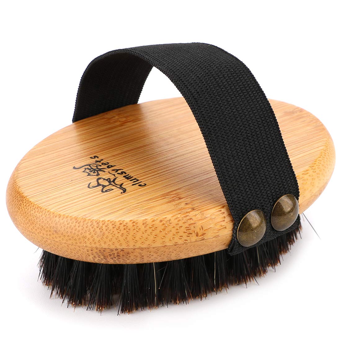 Clumsy Pets Bamboo Grooming Palm-Held Pets Brush With Boar Bristles & Elastic Band For Dog Cat Shower Bath And Massage