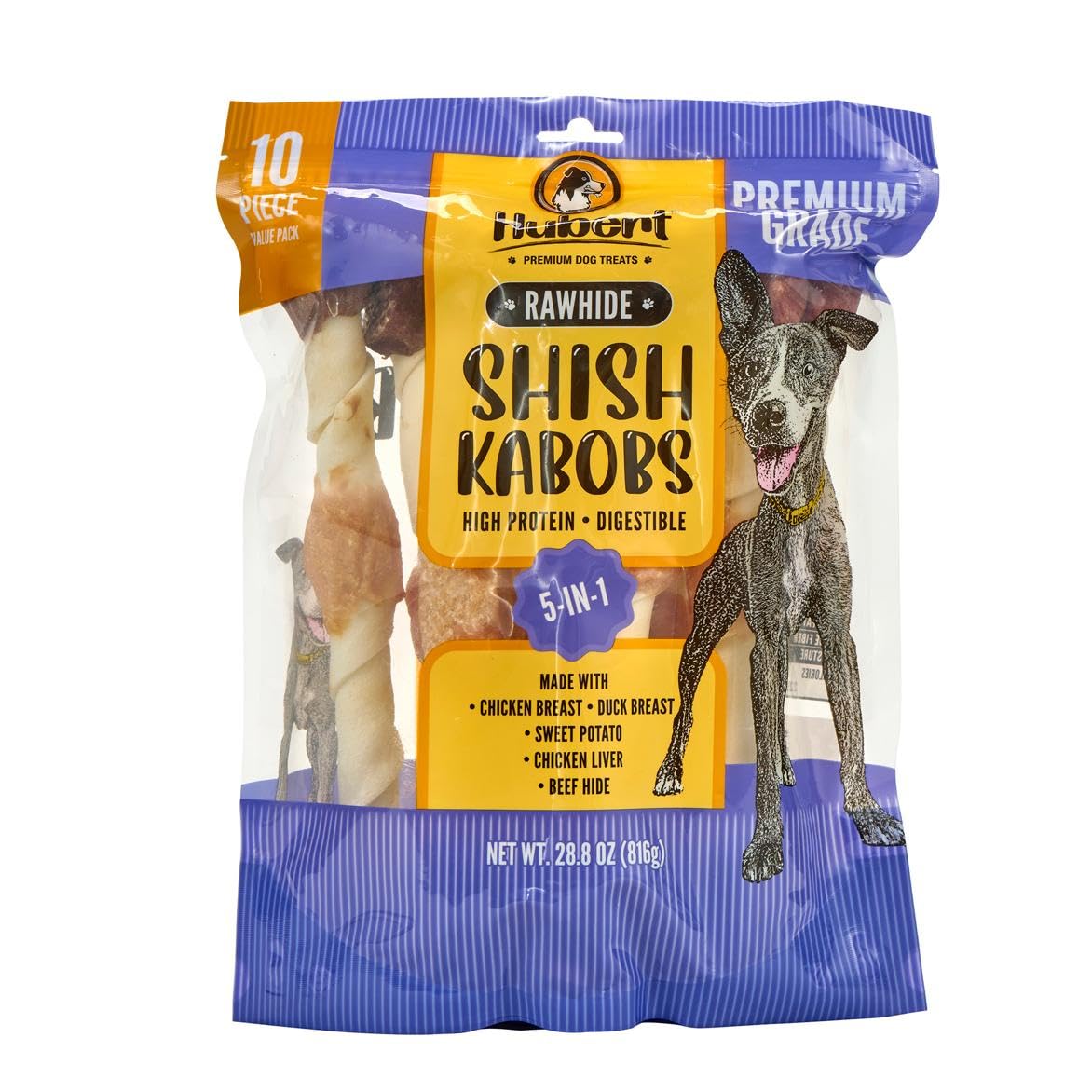 Hubert Pet Gourmet 5-in-1 Large Rawhide Kabobs, Quad Flavor Dog Chews, 10 Inch Treats for All Dog Sizes, 10 Count Bag, 1.8 Pound