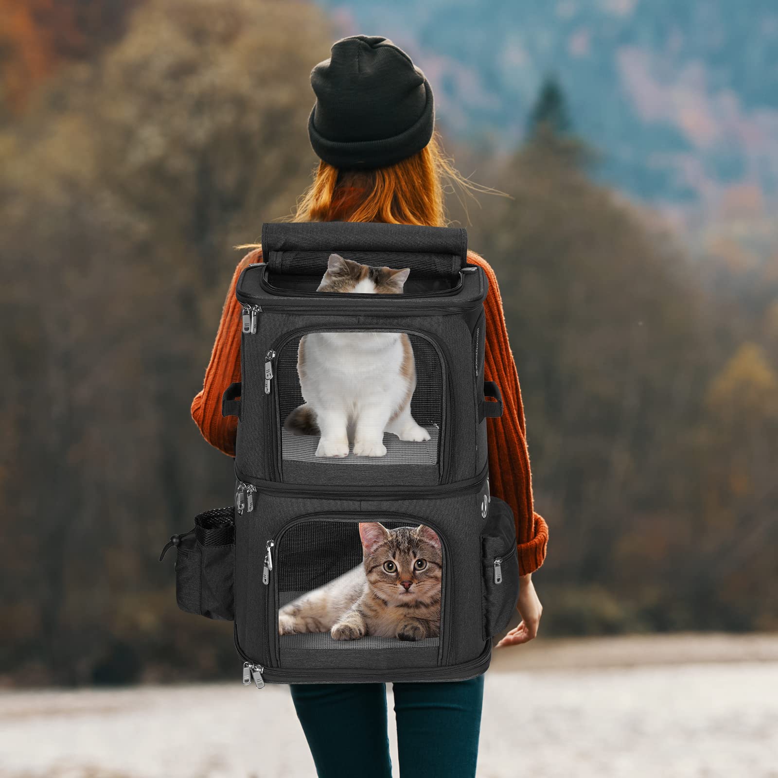 Hovono Double-Compartment Pet Carrier Backpack For Small Cats And Dogs, Cat Travel Carrier For 2 Cats, Perfect For Traveling/Hiking/Camping, Black