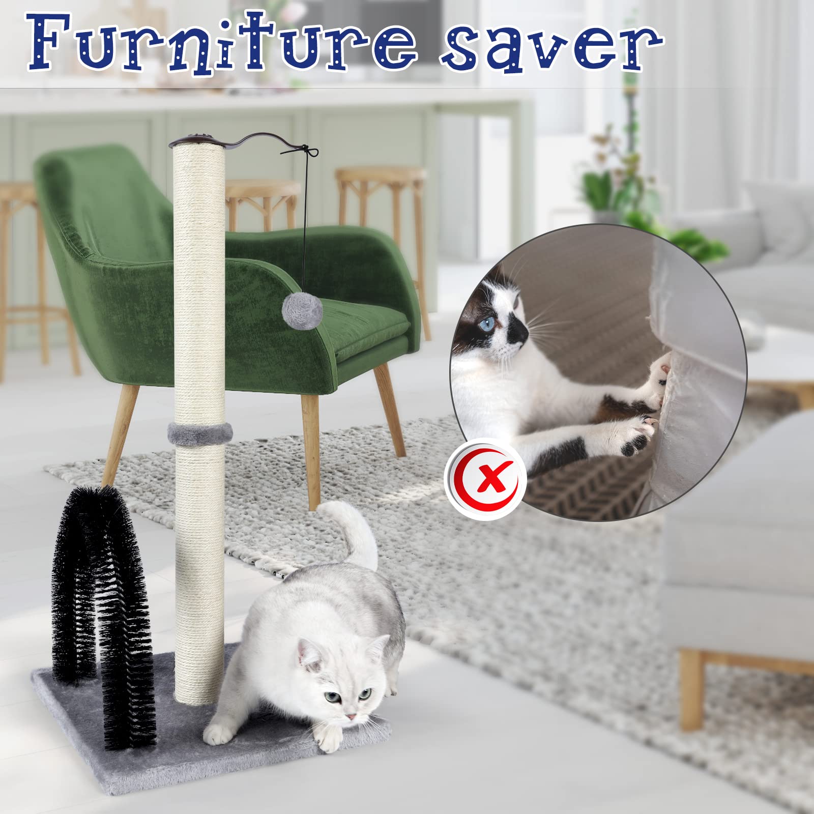 Anwa Tall Cat Scratching Post With Arch Self Groomer Massager, 32' Scratching Post For Indoor Cats From Kitten To Adult Cats, Stable Sisal Cat Post With Extra Interactive Dangling Plush Toy