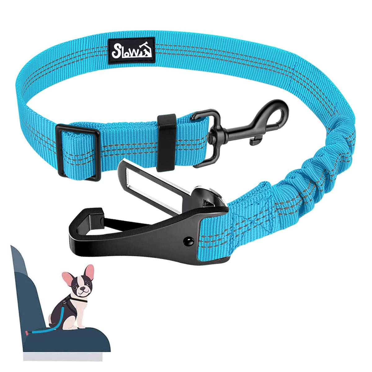 Slowton Dog Seat Belt, Adjustable Dog Safety Belt Leash, 2 In 1 Latch Bar Attachment Dog Car Seatbelt With Elastic Nylon Bungee Buffer, Reflective Nylon Belt Tether Connect To Dog Harness (Blue)