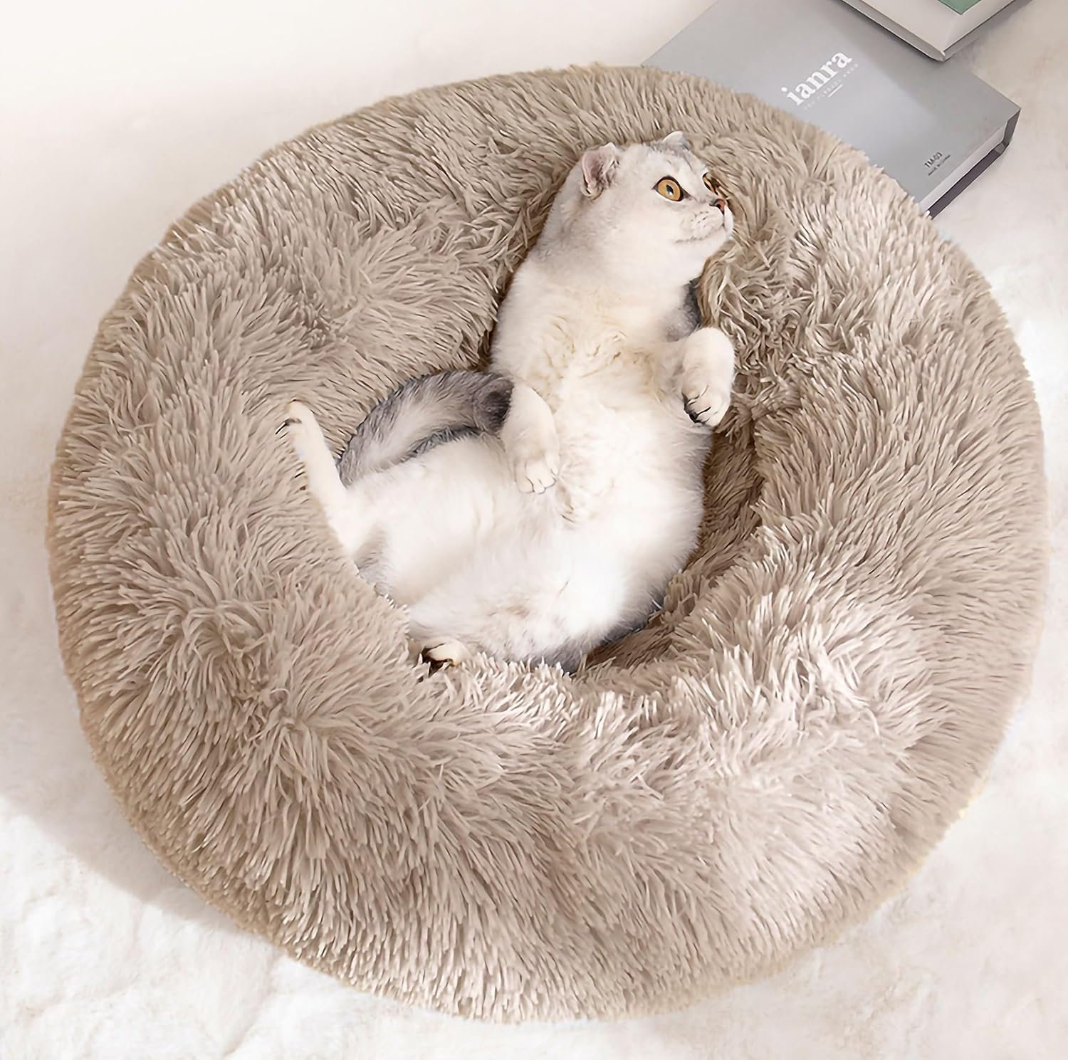Cat Bed For Indoor Cats And Small Medium Dogs - Washable 20/24 Inches, Round Fluffy Plush Faux Fur, Anti-Anxiety, Thick Bottom (