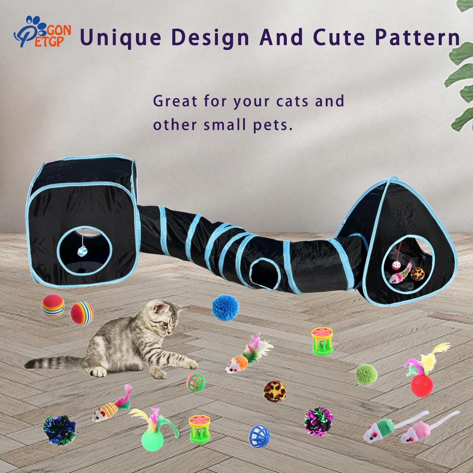Gonpetgp Collapsible Pet Tunnel Cube Tent Toys, Interactive Cat Feather Teaser Wand Cat Bell Balls Fuzzy Ball Springs Mouse Toys