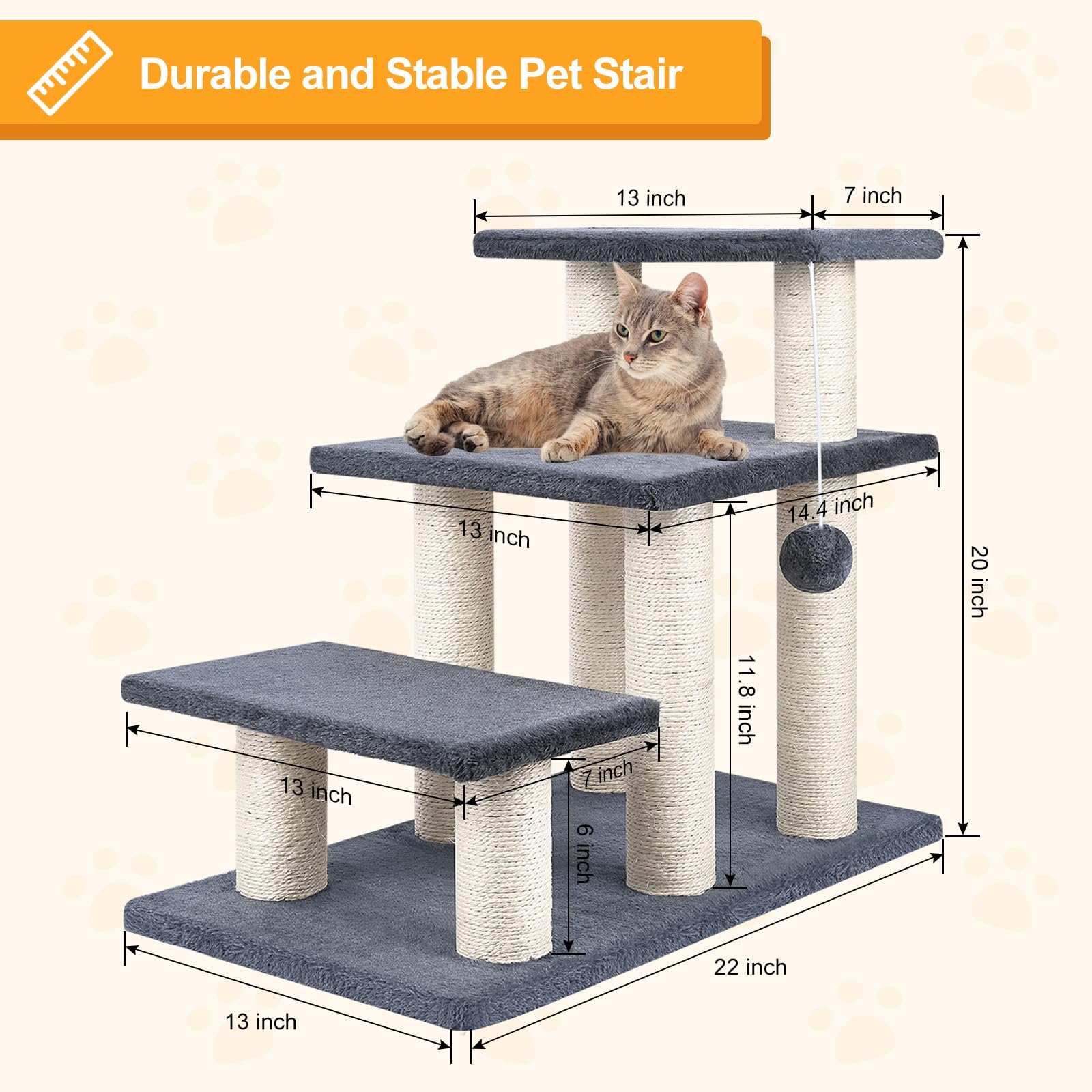 Socater Dog Stairs, Cat Scratching Post 3 Steps Stairs For Cats And Dogs, Stable 20 Inch Pet Stairs For High Beds & Sofas Protec