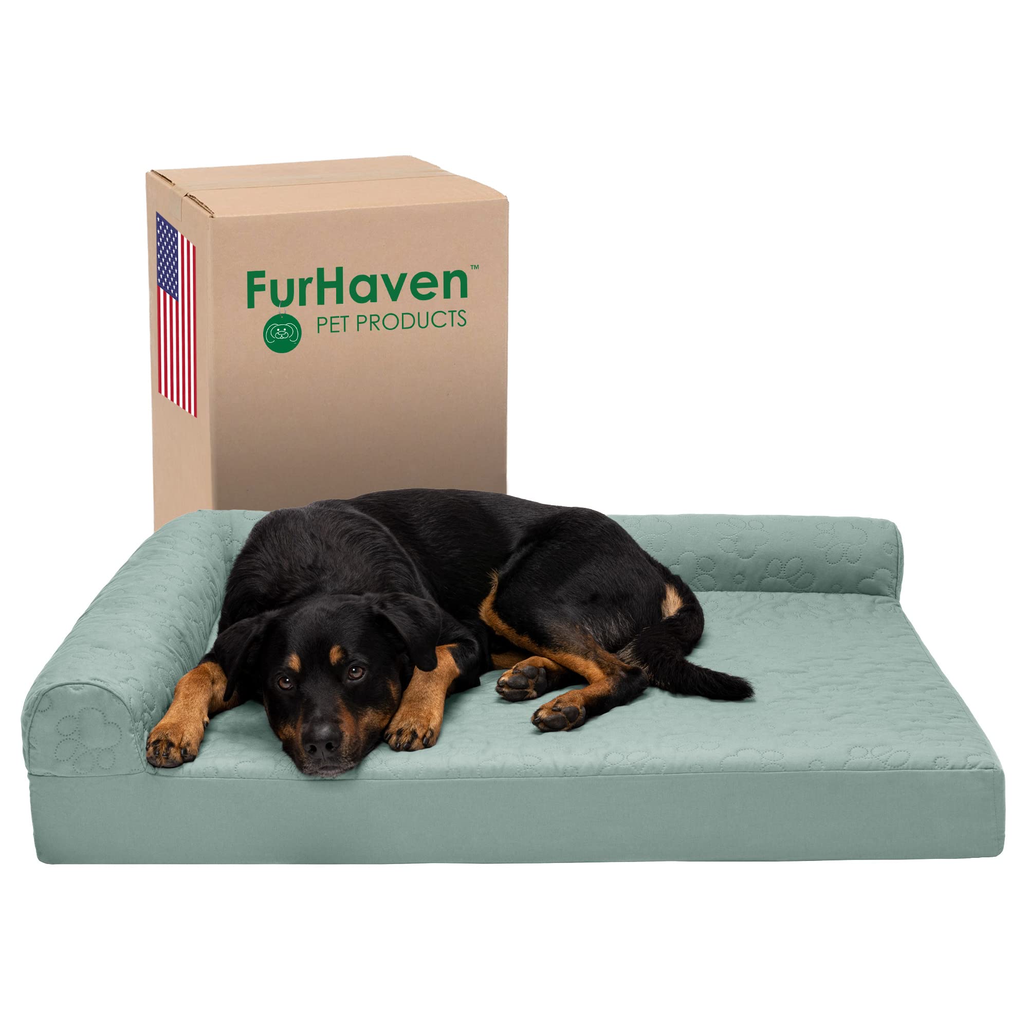 Furhaven Orthopedic Dog Bed For Large Dogs W/ Removable Bolsters & Washable Cover, For Dogs Up To 95 Lbs - Pinsonic Quilted Paw L Shaped Chaise - Iceberg Green, Jumbo/Xl
