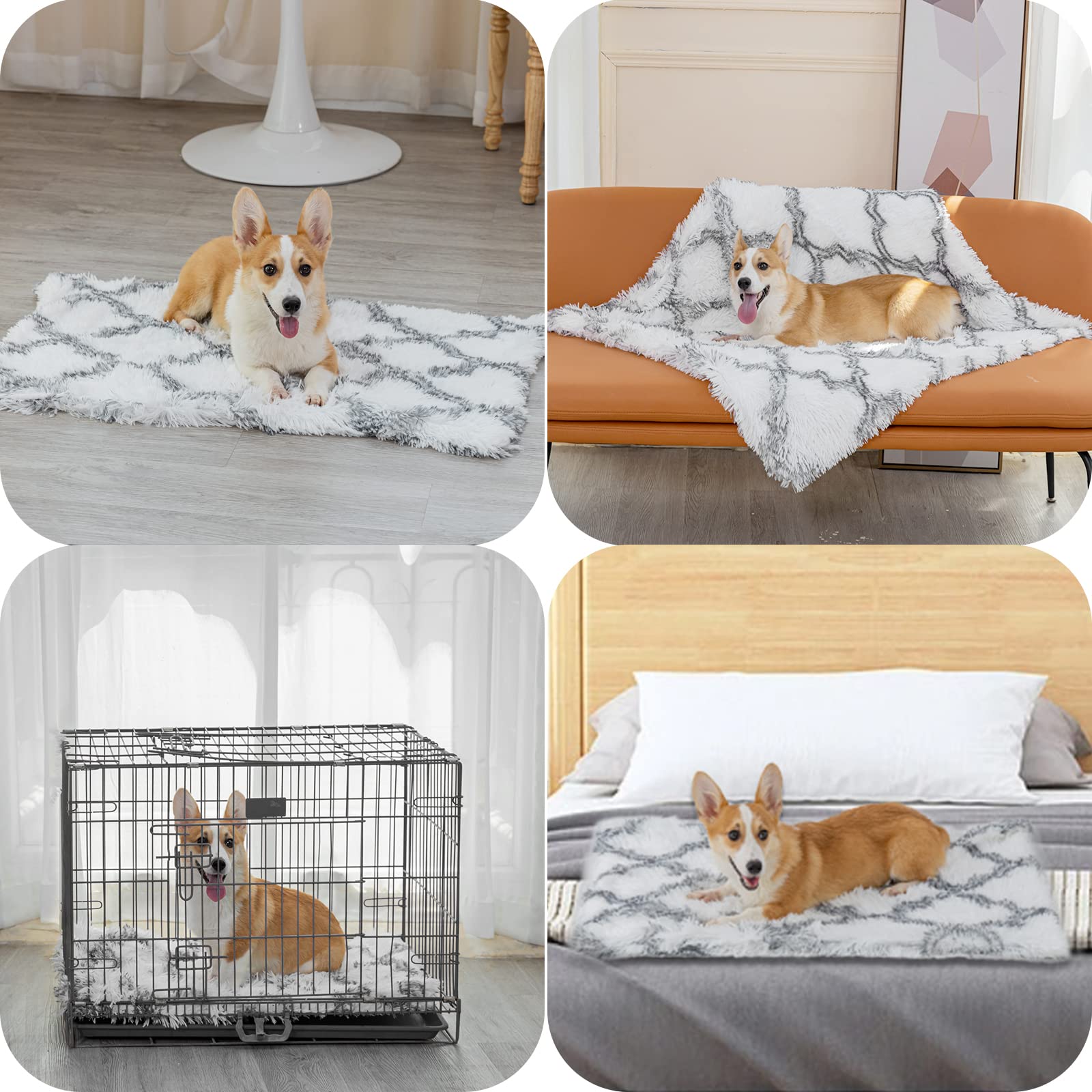 Pjyucien Fluffy Fleece Calming Pet Throw Blanket, Super Soft And Warm For Indoor Cats And Dogs, Small 16 * 24', Machine Washable, Grey Diamond Pattern, White Puppy Blanket