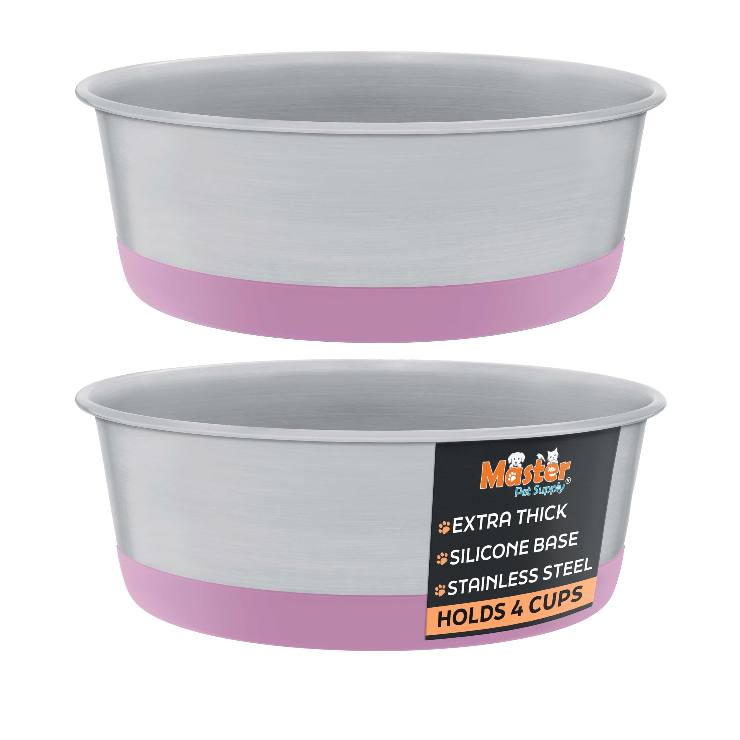 Master Pet Supply Stainless Steel Dog Bowls Set of 2 with Extra Thick Silicone Base - 4 Cup (32 oz) Hyper Pink, Non-Slip, Dishwa