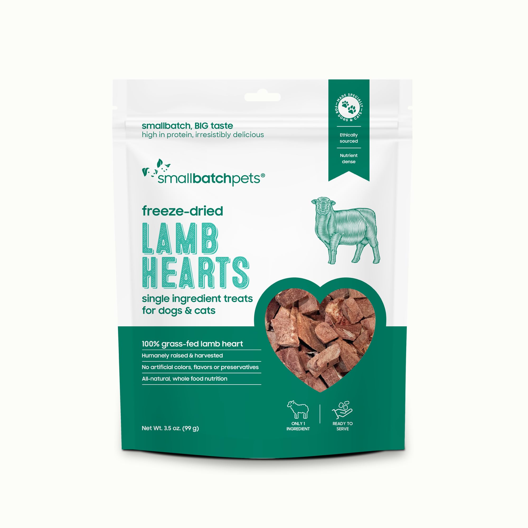 smallbatch Pets Premium Freeze-Dried Lamb Heart Treats for Dogs and Cats, 3.5 oz, Made and Sourced in The USA, Single Ingredient