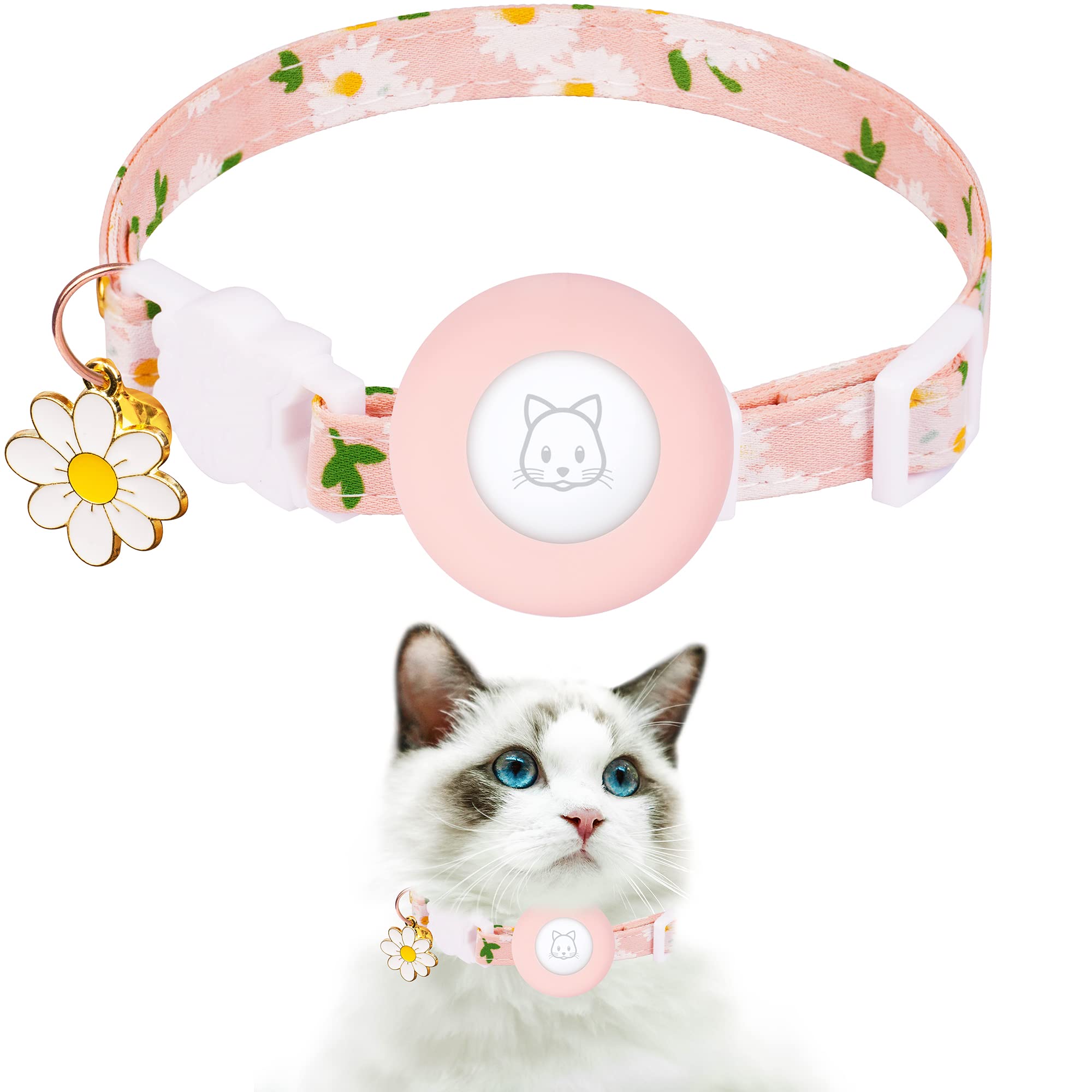 Airtag Cat Collar, Jxfukal Kitten Collar Breakaway With Silicone Airtag Holder, Bells & Flower Charm For Girl Cats Boy Cats Small Dogs(Pink)