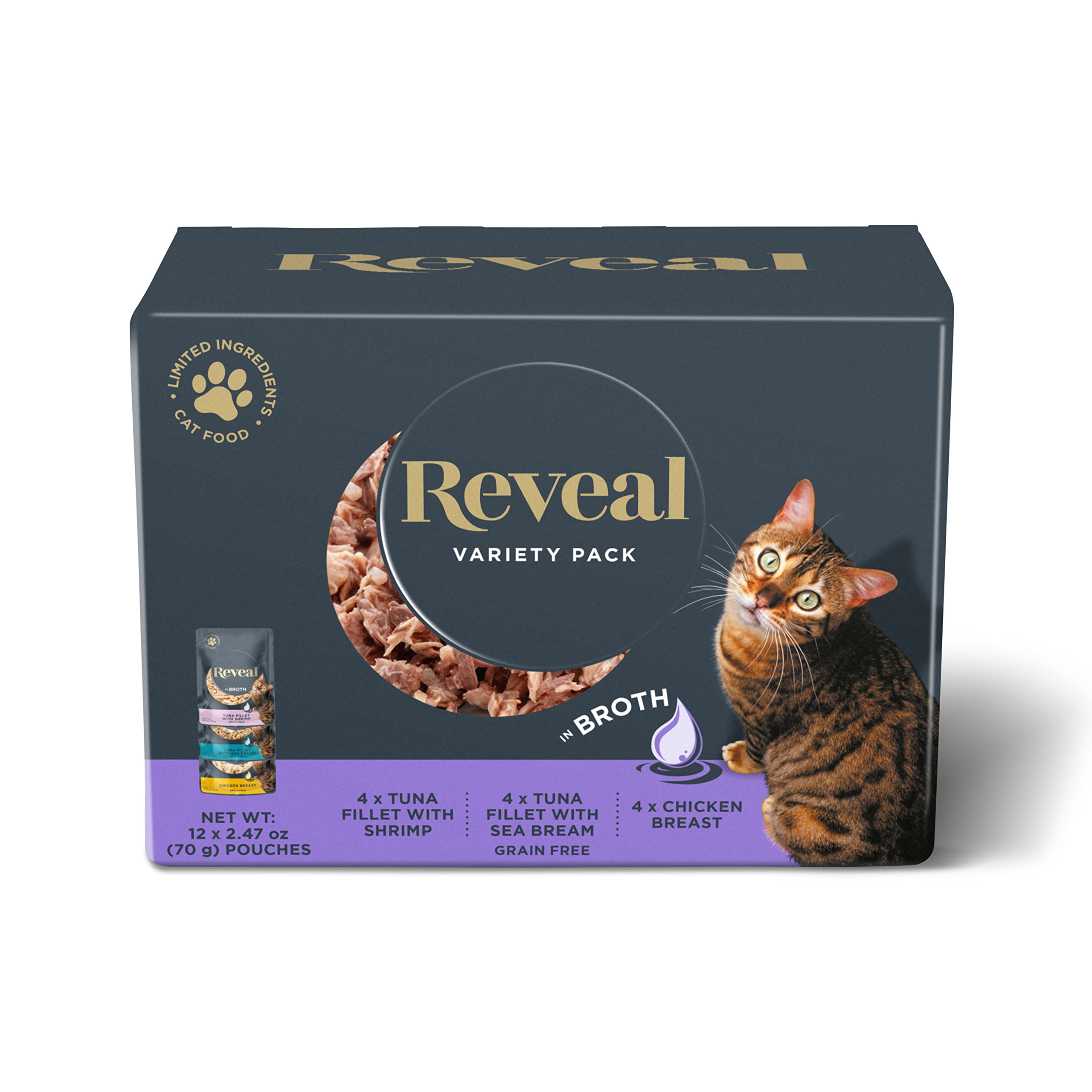 Reveal Natural Wet Cat Food, 12 Count, Grain Free, Limited Ingredient Cat Food Pouches, Tuna with Sea Bream in Broth, 2.47 oz Po