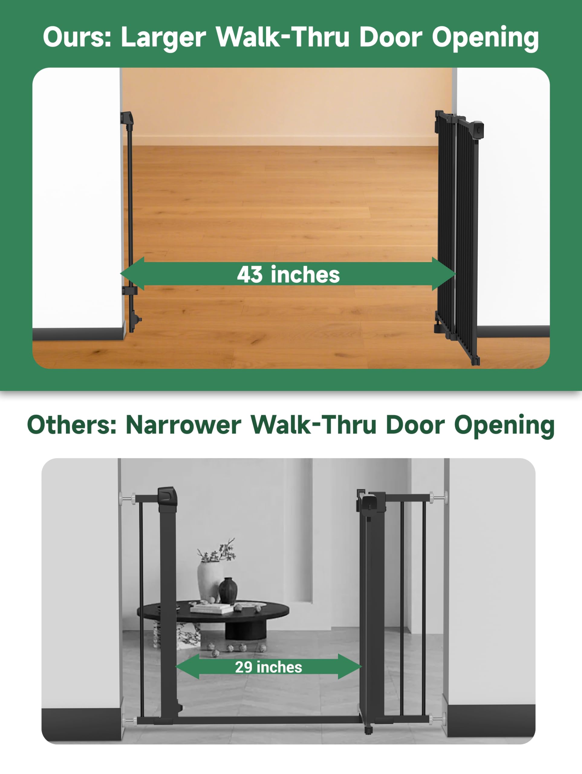 29.5-43 No Bottom Bar Baby Gate for Stairs, Auto Close Baby Gates for Doorways, Hardware Mounted, Dog/Pet Gate Indoor with Extra