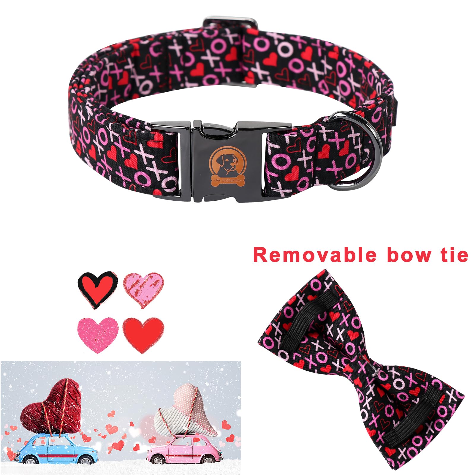 Mr. Chubbyface Valentine'S Dog Collar With Bowtie, Xoxo Red Heart Dog Collar With Metal Buckle, Cute Adjustable Boy Girl Female