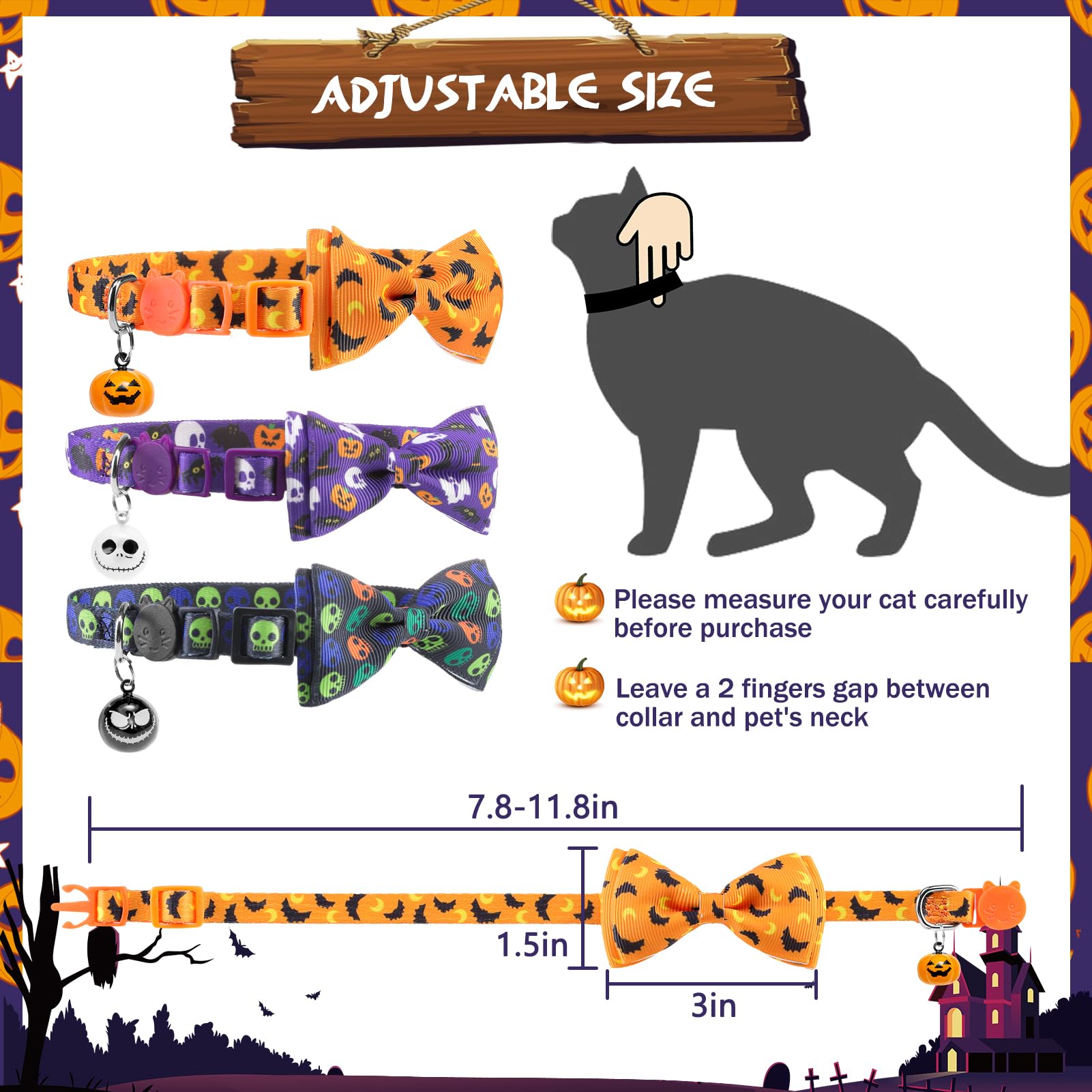Pupteck Halloween Cat Collar With Bell Breakaway 3 Packs, Kitten Collar With Bowtie For Boy Girl Small Pets, Puppy, Bunny Outfit Costume