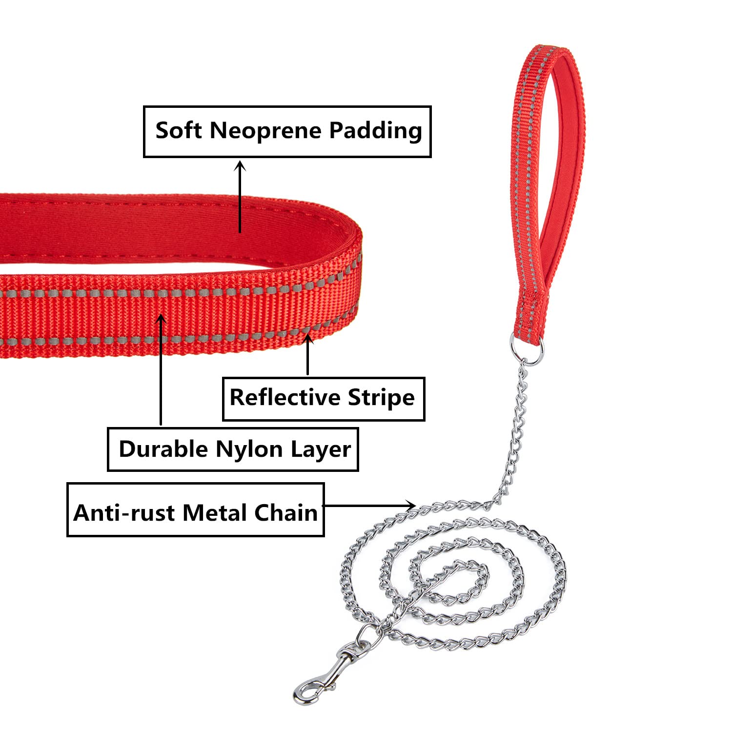 Petiry Chew Proof Metal Chain Leash,Nylon Handle With Soft Neoprene Padding And Reflective Stripe For Small Dogs.(S, Red)