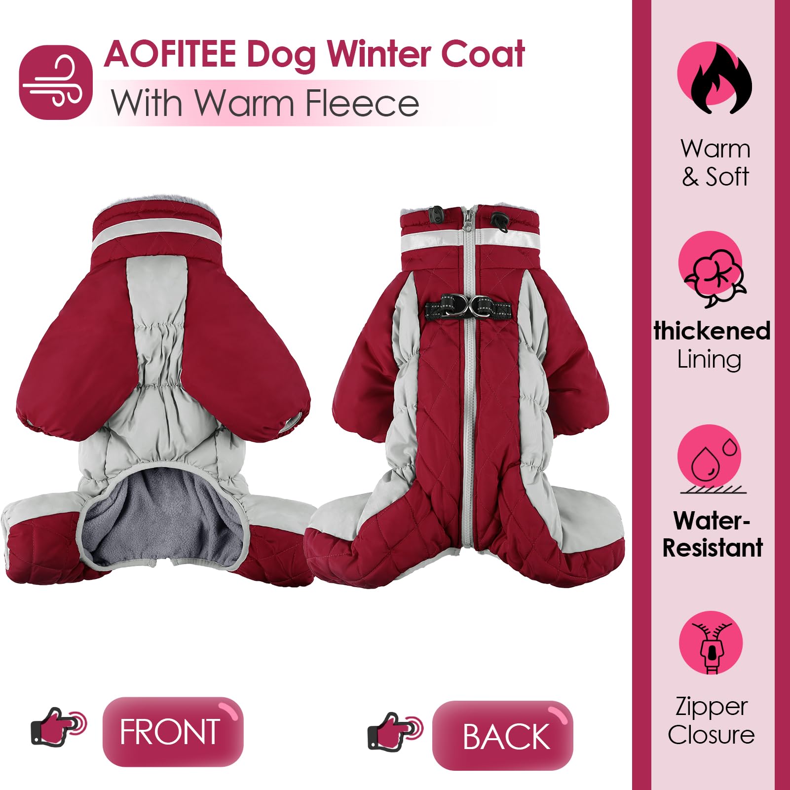 AOFITEE Fullbody Dog Jacket, Windproof Winter Coat with Built-In Harness, Reflective Turtleneck Snowsuit, Puffer Coat for Small