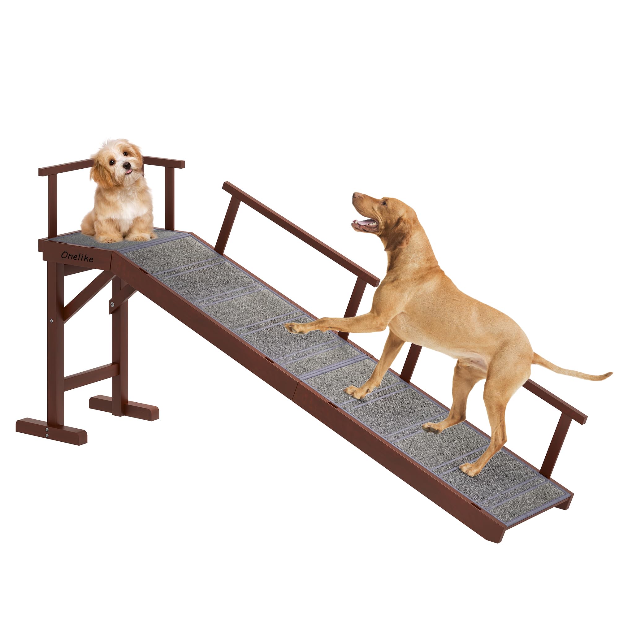 Onelike Wooden Dog Ramp For Bed With Removable Side Rail And Non-Slip Carpet, Stable Pet Ramp Stair For Couch Sofa For Small & L