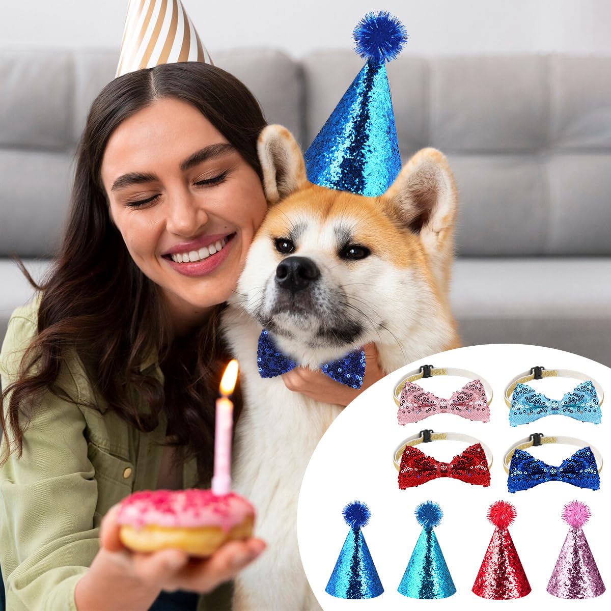 8 Pcs Cat Birthday Hat Dog Birthday Hats, Multi Color Mini Party Hats Set With 4 Pcs Hats And 4 Pcs Bowtie For Cat Dogs Kittens