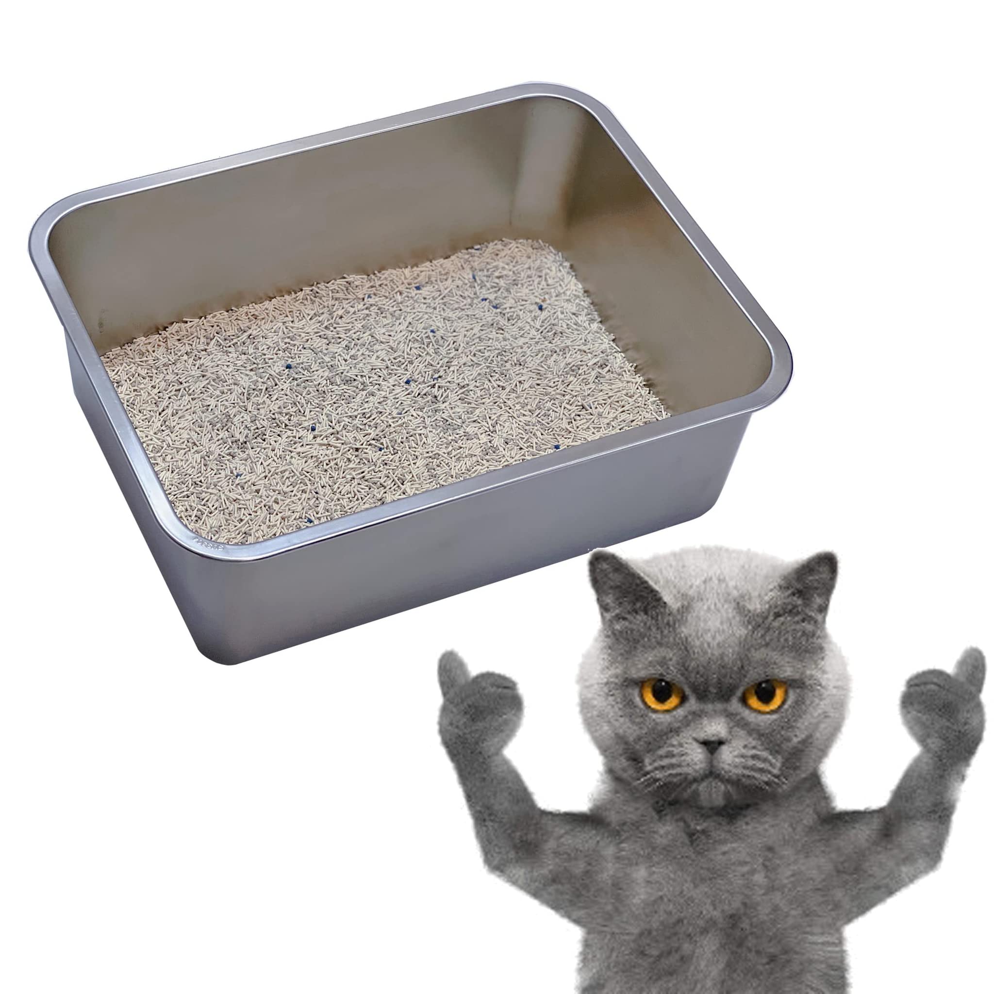 Kunwu Stainless Steel Large Cat Litter Box, 20''X14''X6'' Easy Clean, No Odor, Durable Pan (L (20''X14''), 6'' Deep)