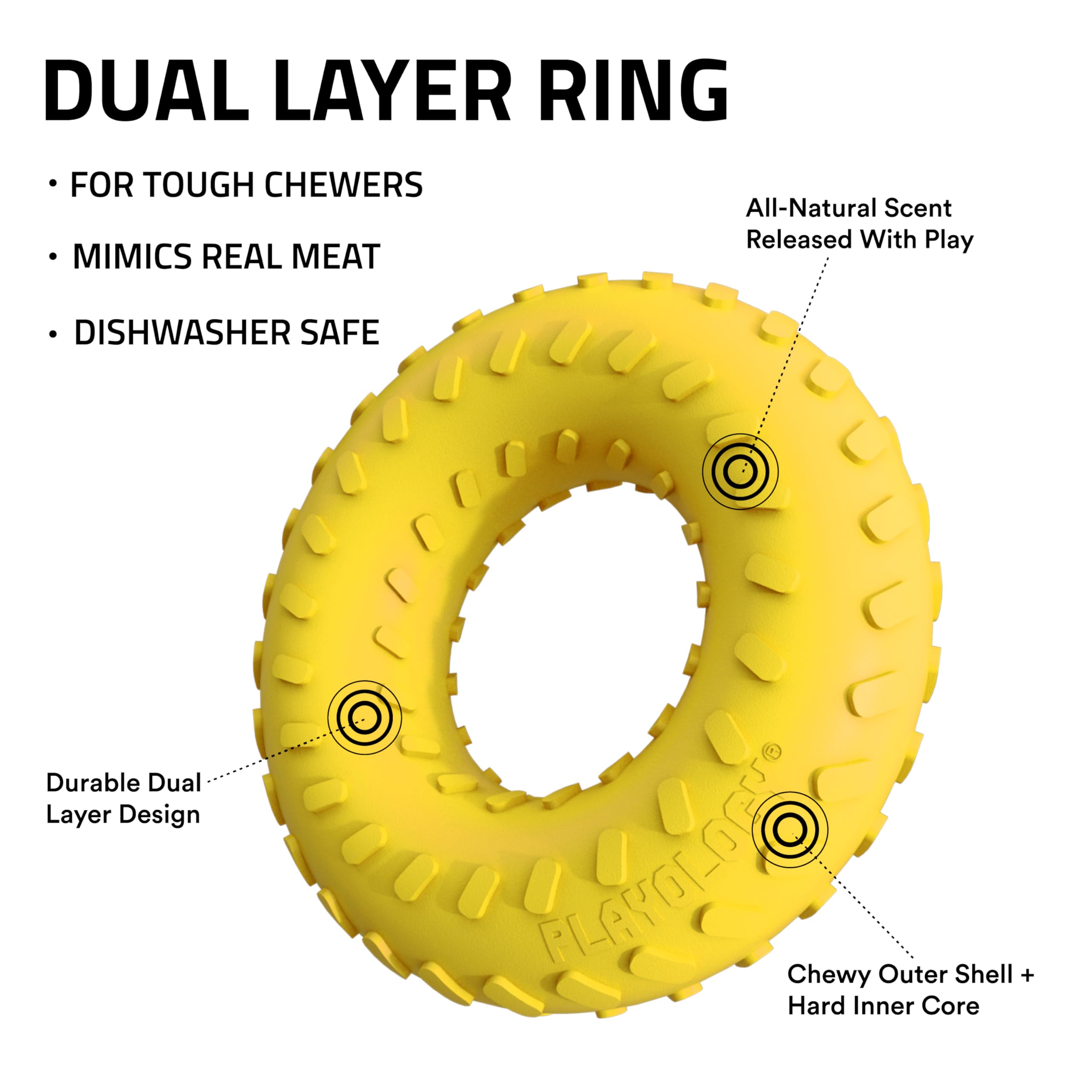 Playology Dual Layer Ring Toy for Medium Dogs up to 50lbs | Engaging All-Natural Chicken Scented Durable Dog Chew Toy for Power