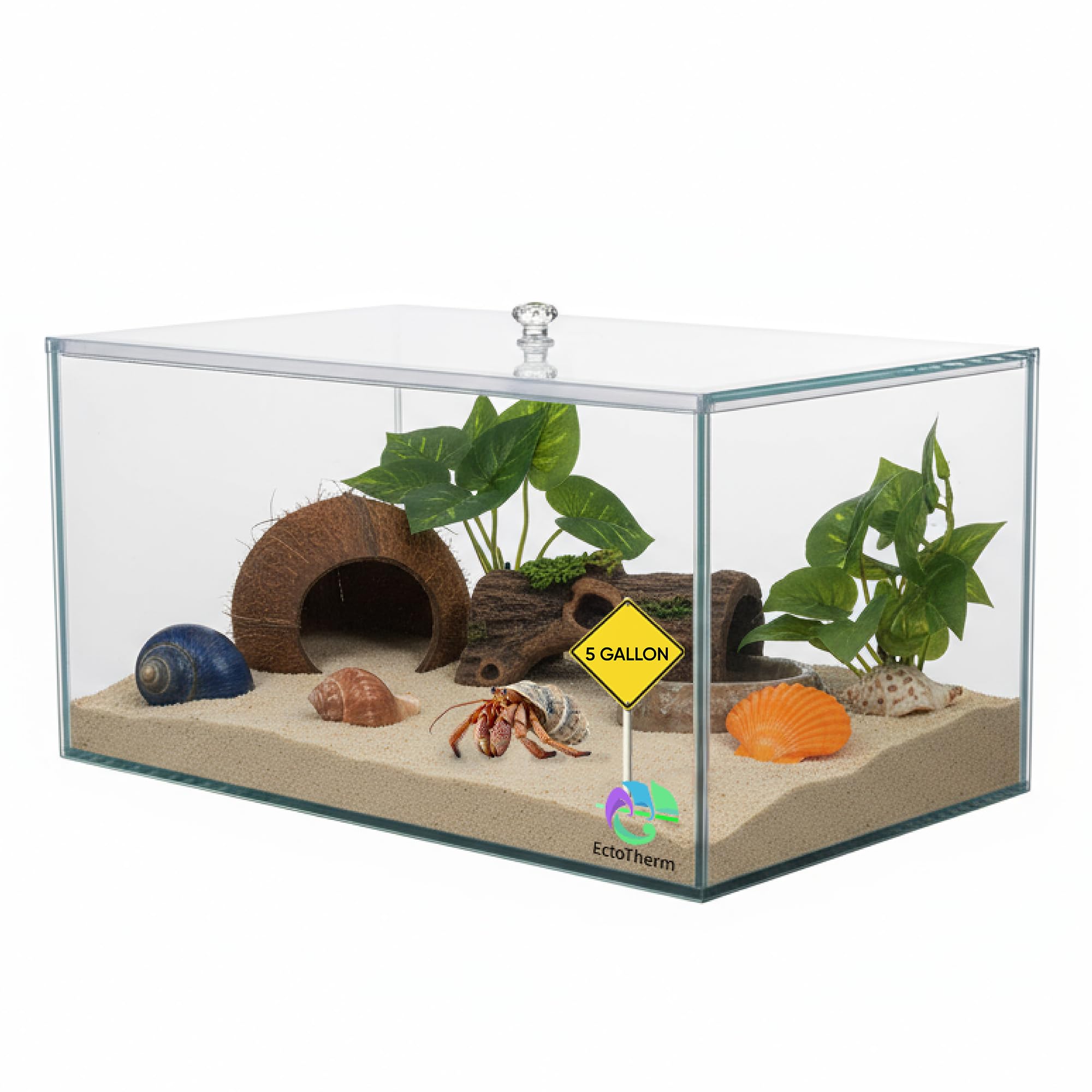 EctoTherm Hermit Crab Tank - 5 Gallon Tank with Lid - Complete Hermit Crab Cage for Large & Small Crabs - Glass Tank
