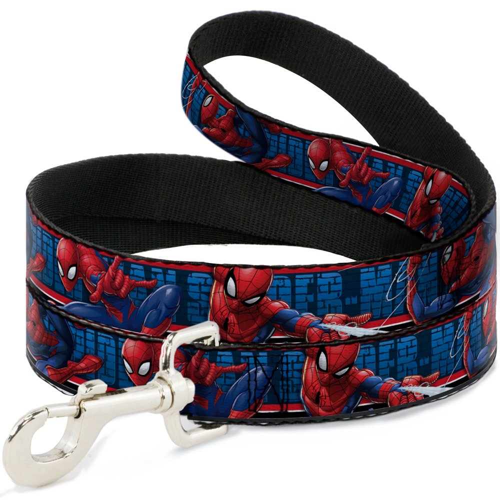 Buckle-Down Dog Leash Spider Man 3 Action Poses Bricks Stripe Blues Red White, Multicolor, 4 Feet Long 1' Wide
