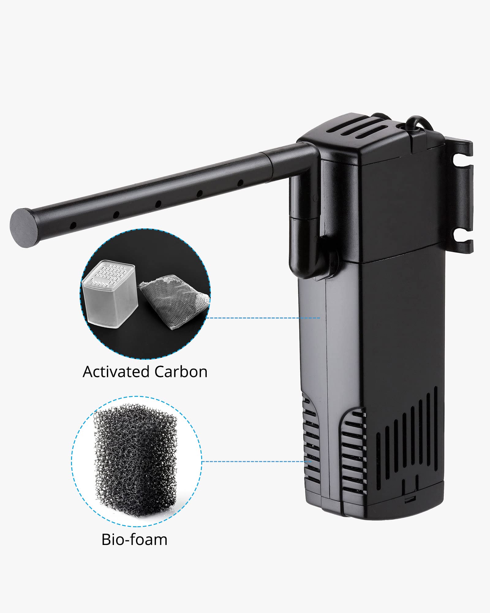 Nicrew Aquarium Internal Filter, Submersible Power Filter With Multiple Function, Aeration System With Sponge Filter For Fish Tanks 20-40 Gallon, 185 Gph, 10W